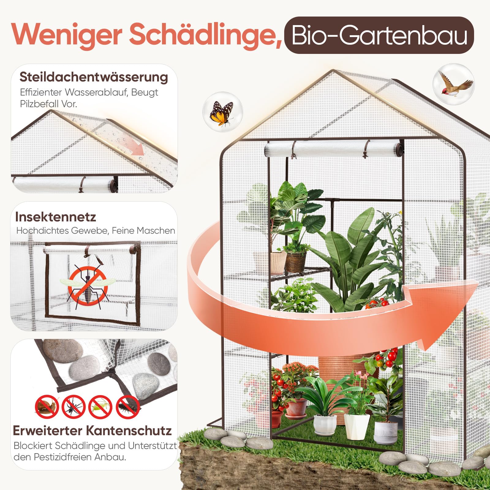 Sekey Gewächshaus 200x145x75 cm, Foliengewächshaus Stabil, Gewächshaus Balkon mit 4 Regalböden für optimales Pflanzenwachstum, Weiß, XL