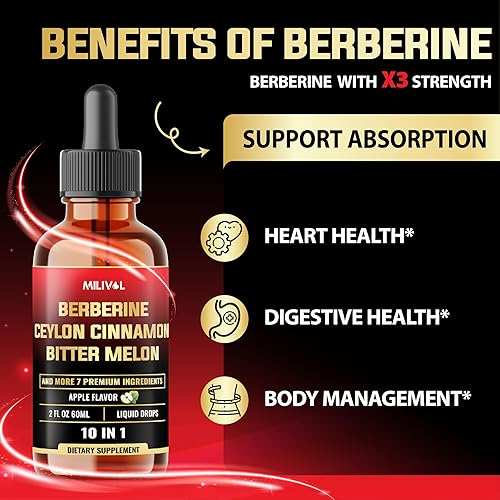 Miniatura 4 de Gotas líquidas de berberina 10 en 1 con canela de Ceilán, melón amargo, cúrcuma, jengibre, Gymnema Sylvestre y más, 2 onzas líquidas
