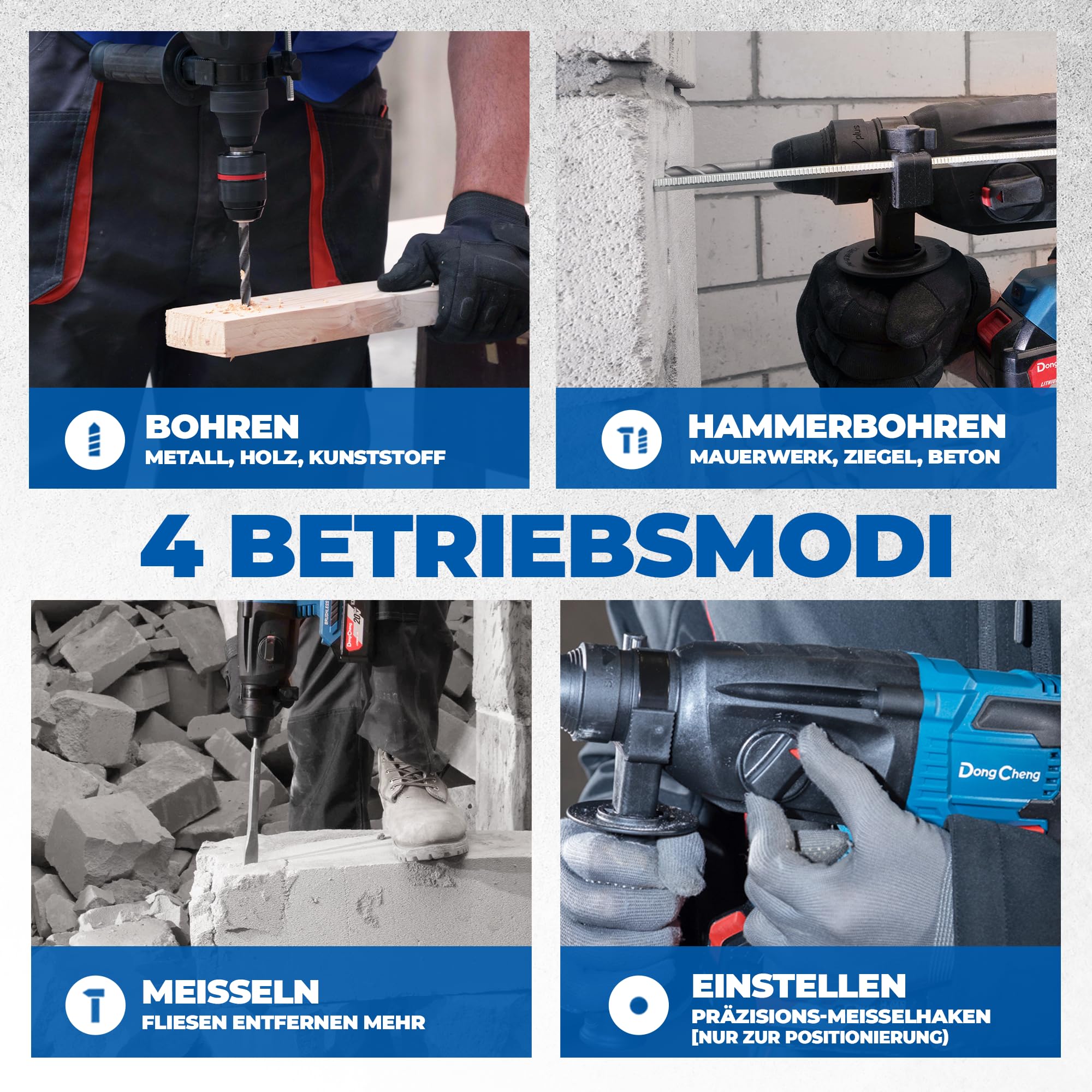 DongCheng Akku Bohrhammer 20V, Schlagenergie 2.8 J, mit 4 Stück SDS-plus, Bohren bis 28 mm, Bürstenloser Bohrhammer Motor, Anti-Vibrationsgriff, inkl. 4Ah Akku und 2A Ladegerät im Handwerkerkoffer