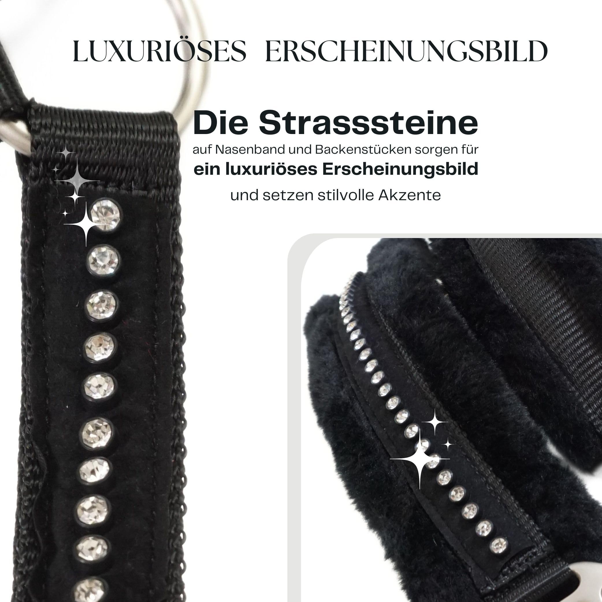 Halfter für Pferde mit Glitzer Steinen, Fell Halfter Pferd in schwarz mit Strass, 2-Fach verstellbar (Schwarz, Shetland Pony (Shetty))