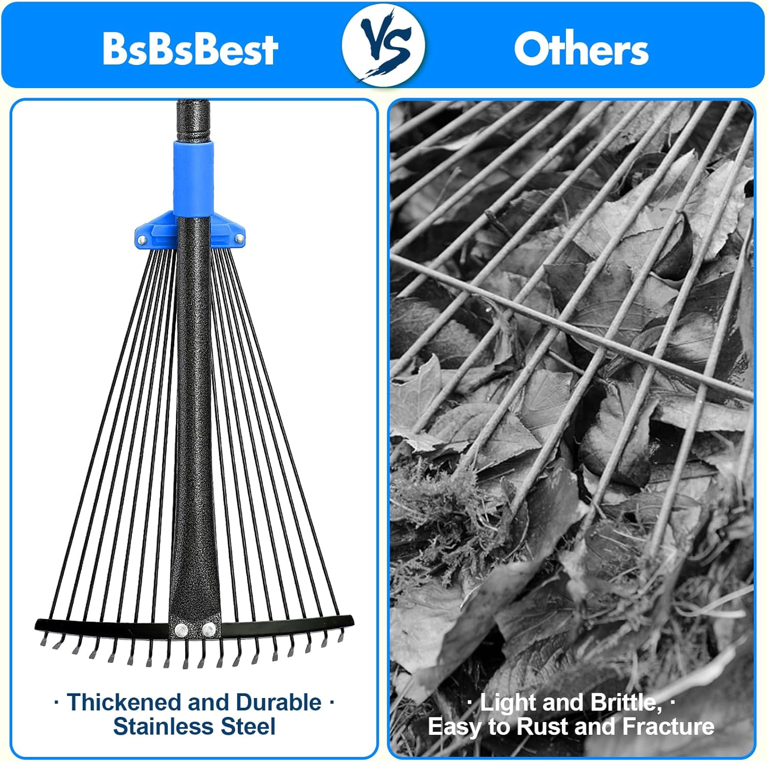 BsBsBest 75" Rake for Leaves with 18 Metal Tines 10-18" Expandable Head Rakes Adjustable Handle for Lawn Leaf Rake Yard Tools for Collecting Leaves, Grass Clippings, Garbage Blue