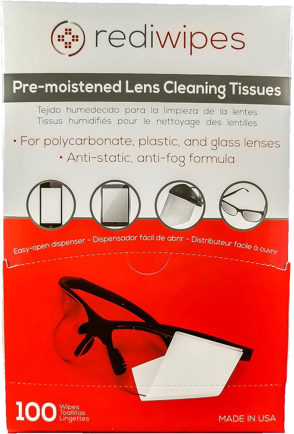 Large PreMoistened Lens Cleaning Wipes Rediwipes for Plastic, Glass Lenses