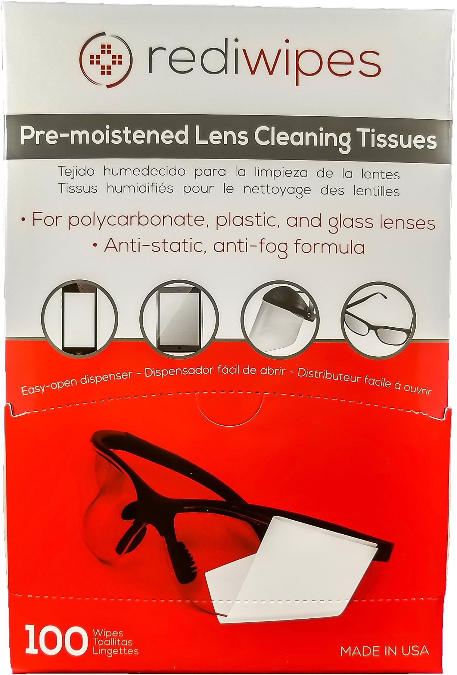 Large Pre-Moistened Lens Cleaning Wipes - Rediwipes for Plastic, Glass Lenses, Monitors, Screens, Phones - Streak Free Cleaning - 100 Wipes.