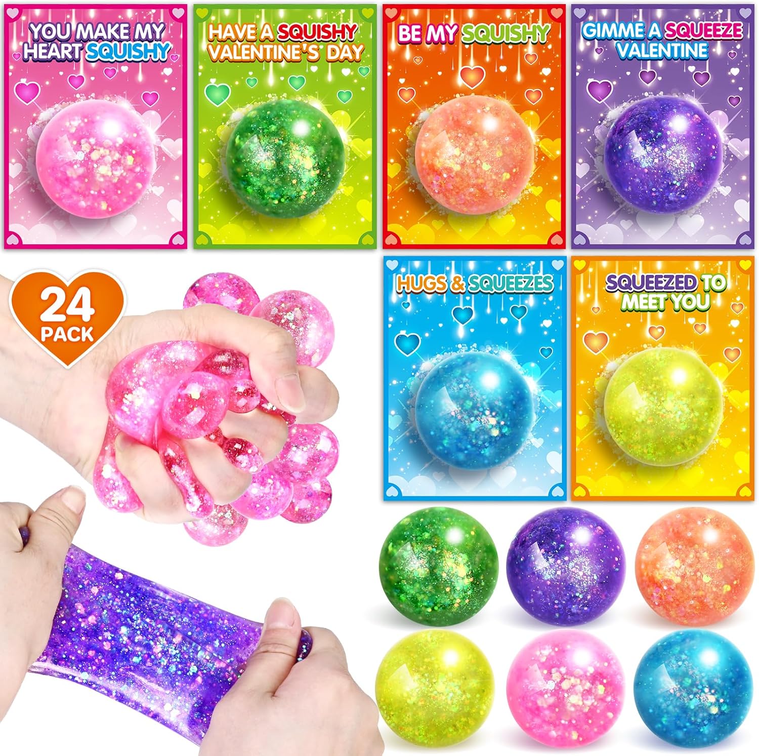 Shemira 24 Pack Valentines Cards for Kids with Squeeze Balls, Valentines Day Cards for Kids School, Stretch Fidget Toys for Valentines Gifts Exchange, Valentines Cards for Kids Classroom Favors