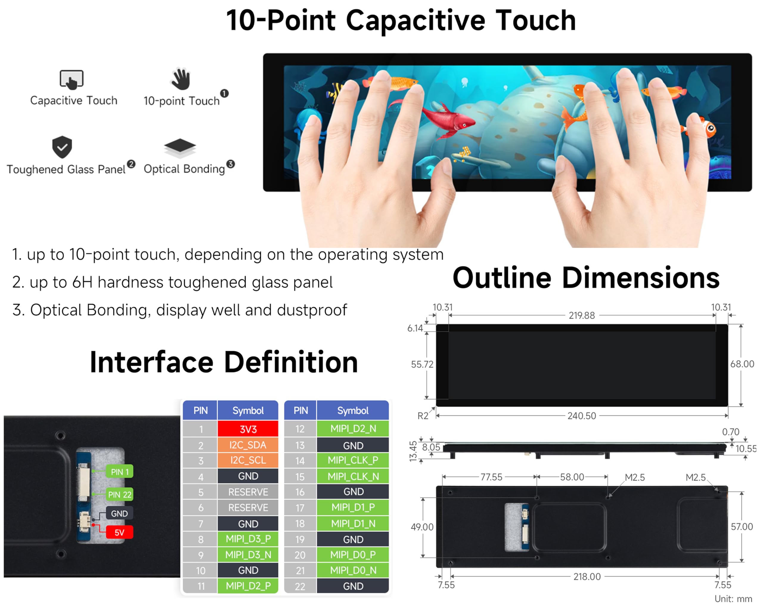 8.8inch DSI Capacitive Touch Display, IPS, 480×1920 Resolution, 10-Point Touch, Supports Backlight Adjustment Via Software, Compatible with Raspberry Pi, ESP32-P4, RK3576/3506 and CM3/3+/4/5 Boards