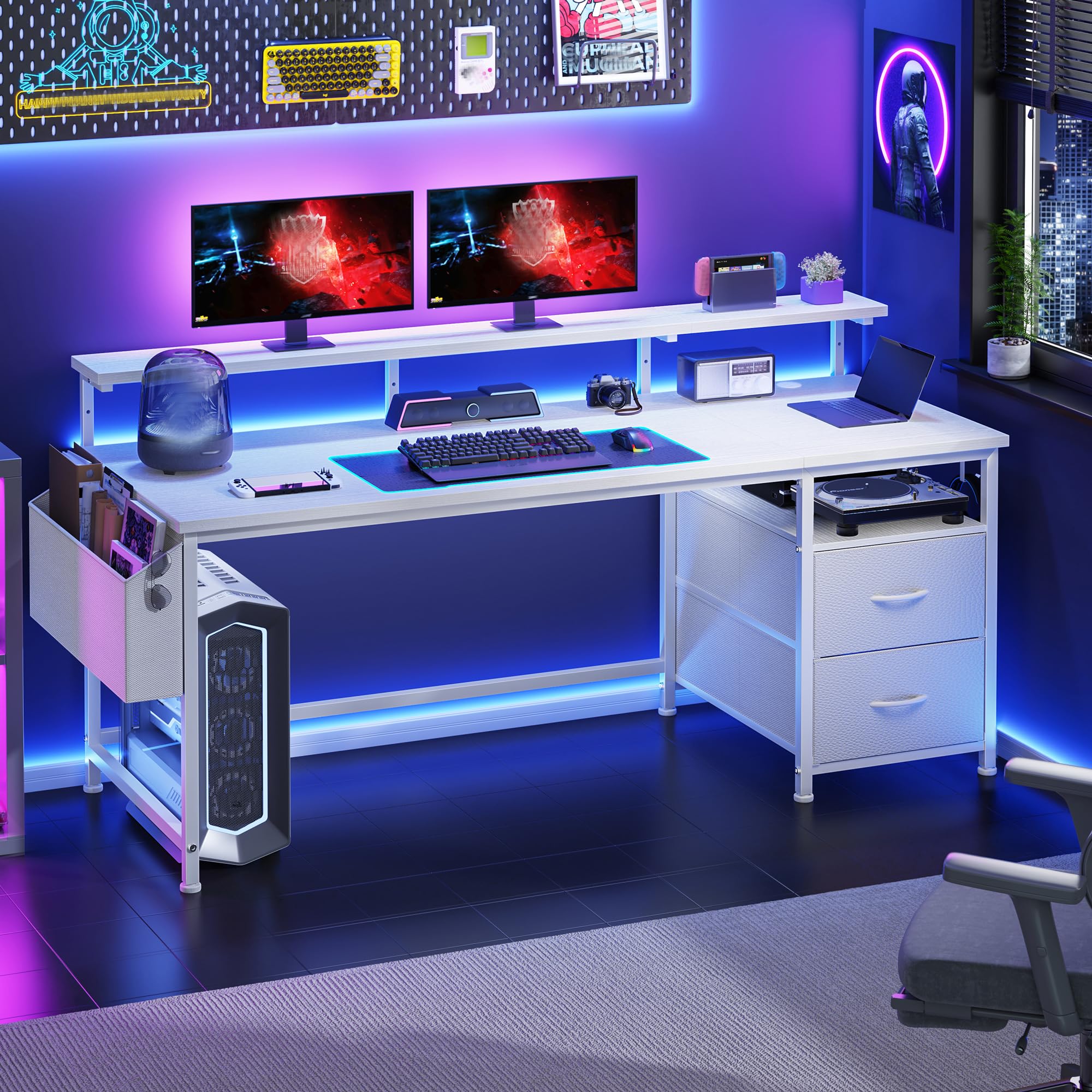 120x48 cm Rectangulaire Bureau pour Étudiant, Homeoffice,Gaming | Ergonomique Bureau avec Rangement 2 Tiroirs, 1 Rangement Suspendu, Support de moniteu, 3 Hauteur réglable, Crochet, Blanc