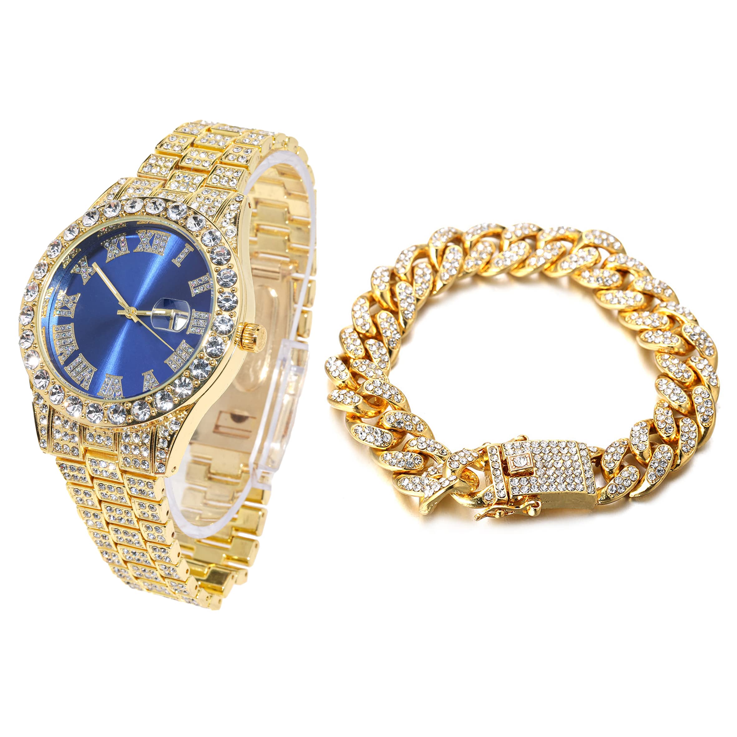 Halukakah Diamonds Gold Watch Iced Out,Men's 18K Real Gold Plated 42MM Width Blue Dial Quartz Wristband 9.5" with Cuban Link Chain 8" Bracelet Set,Free Giftbox