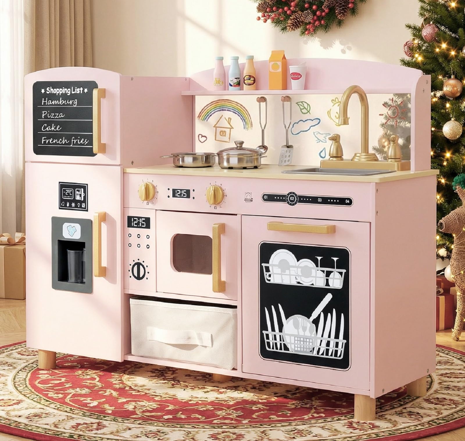 INFANS Kids Kitchen Playset, Toddler Wooden Pretend Cooking Toy Set with Acrylic Drawing Board Ice Machine Dishwasher Cloth Drawer Stove Removable