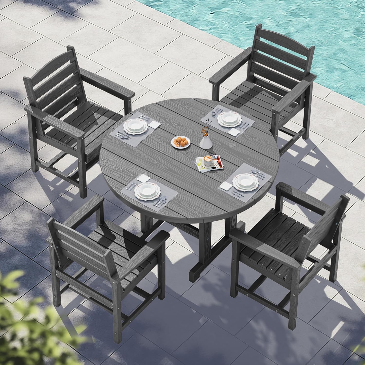 SERWALL 6-Piece Patio Dining Sets, HDPE Outdoor Table and Chairs Furniture Set with Umbrella, 45" Round Dining Table & 4 Dining Chairs & 1 9FT Umbrella, Gray(Not Include Umbrella Base)