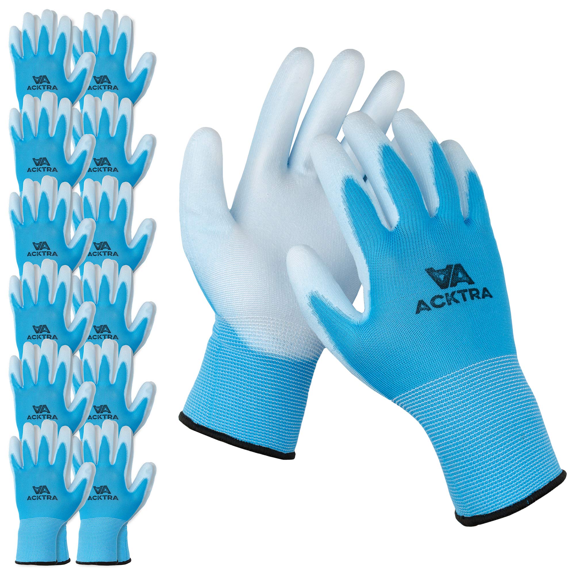 ACKTRA Guantes de trabajo de seguridad de nailon ultrafino (PU), 12 pares, puños de punto, para trabajo de precisión, para hombres y mujeres, WG002 azul poliéster, poliuretano blanco, grande