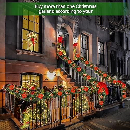 Miniatura 5 de Guirnalda de Navidad artificial preiluminada de 9 pies guirnalda de vegetación decorativa con 30 luces LED cálidas, funciona con pilas para