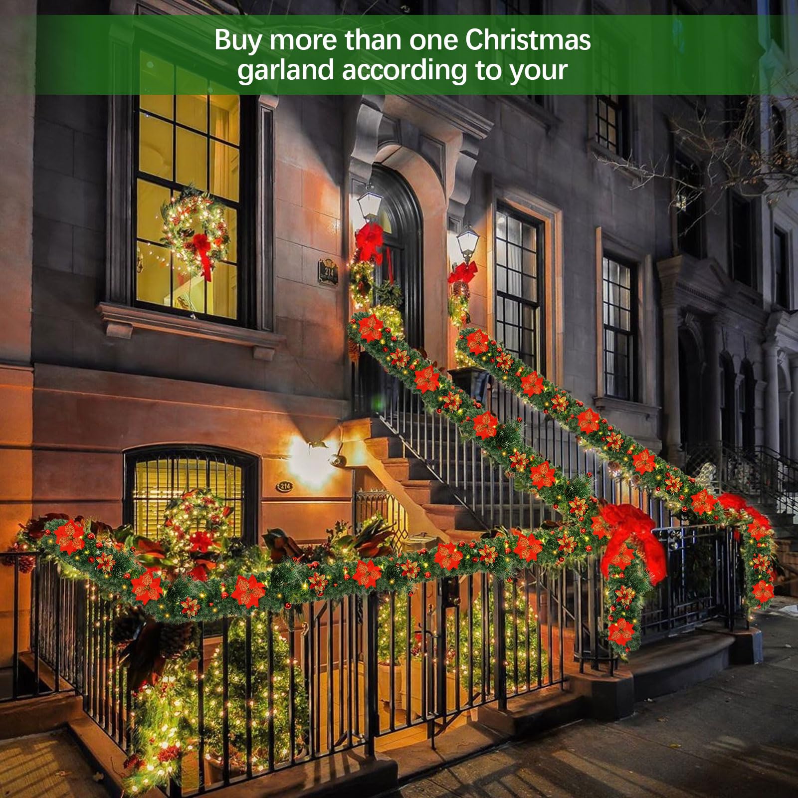 OEAGO Guirlande De Noël D'extérieur Pré-éclairée De 2,6 Avec Poes De Pin, Baies Rouges