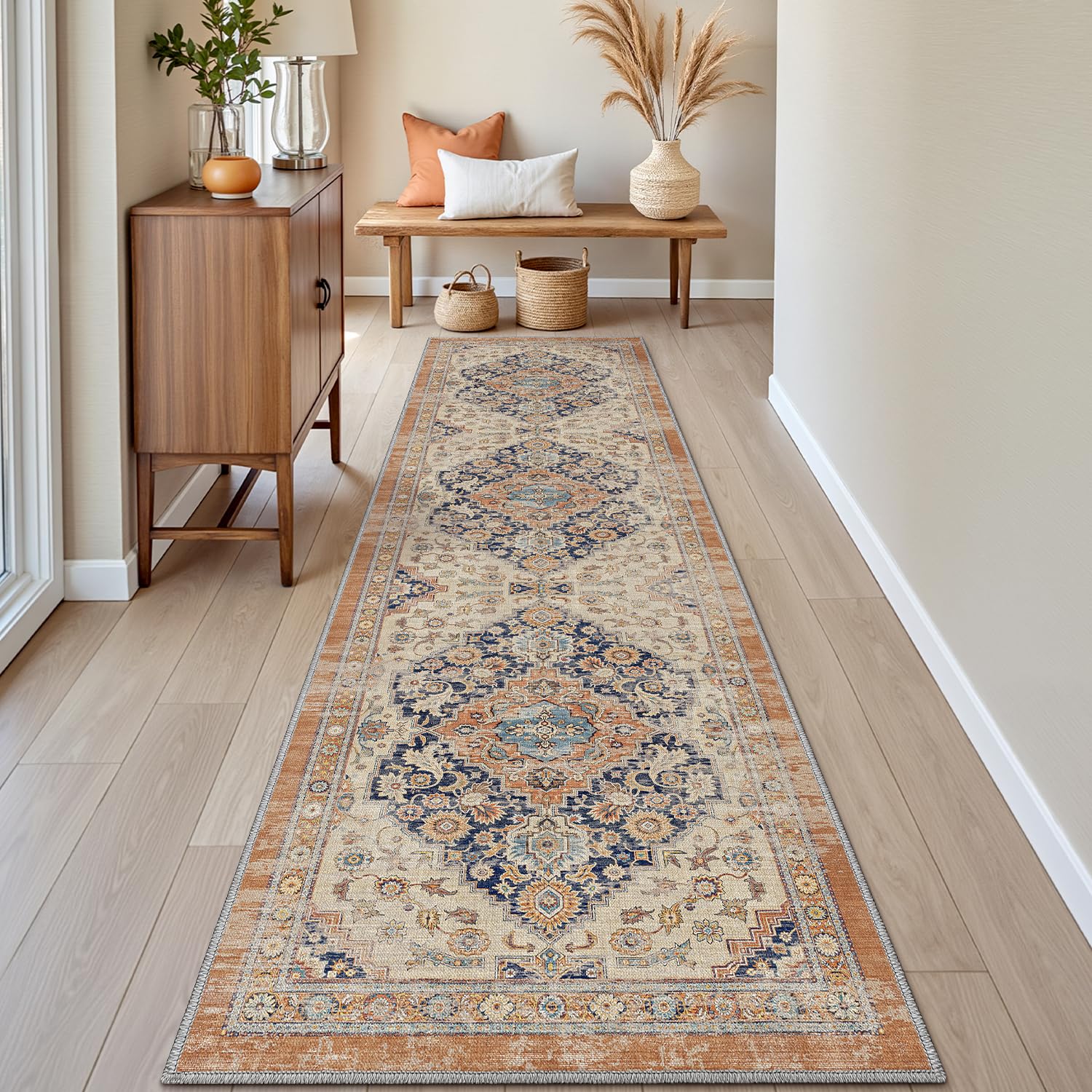 DEXI Hallway Runner Rug 60 x 210 cm, Non-Slip Long Washable Entryway Floor Mats, Absorbent Thin Vintage Carpet Runners for Kitchen, Laundry, Bedside, Orange