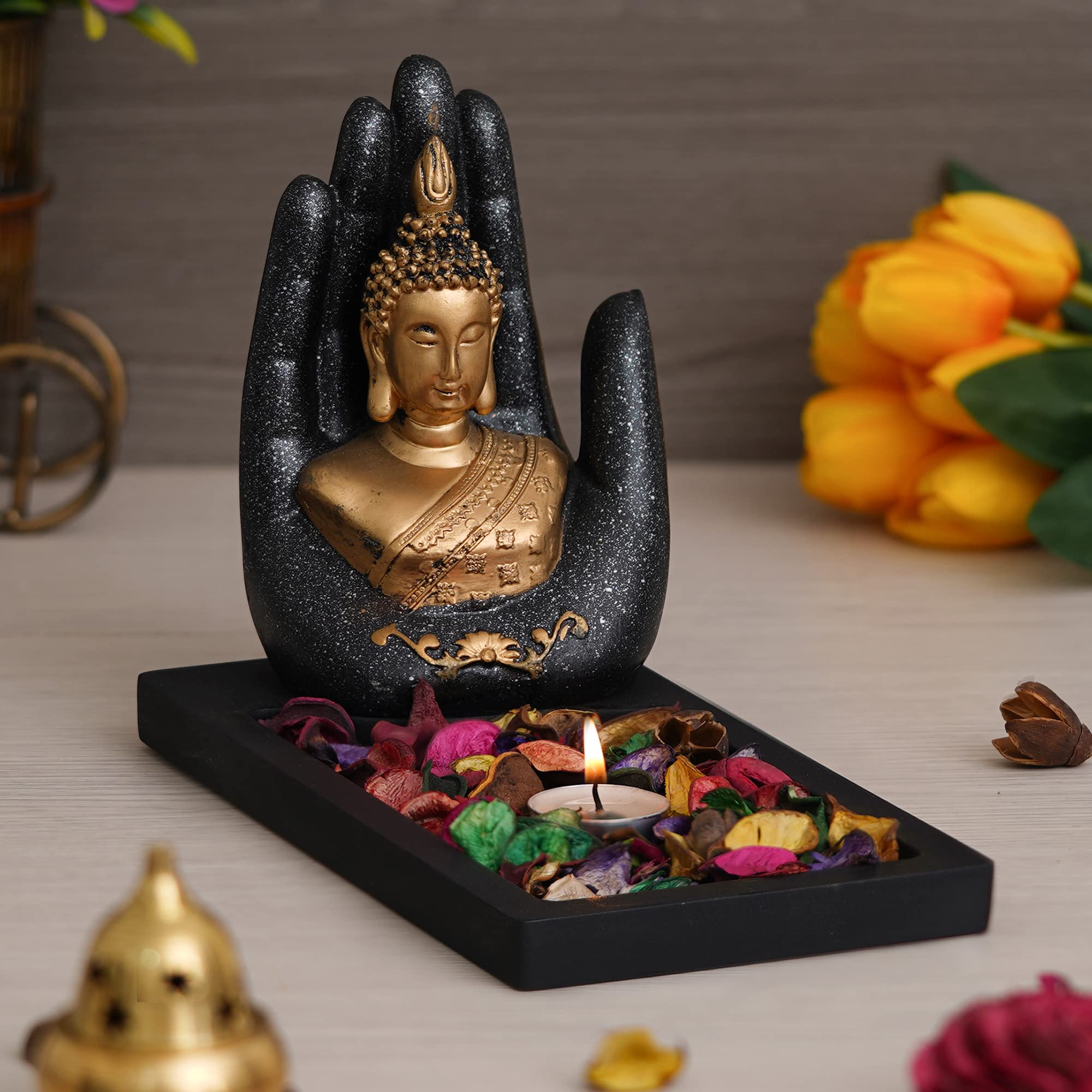 eCraftIndia Grey Golden Resin Palm Buddha Idol Tea Light Candle Holder| Lord Buddha Statue Tea Light Holder| Diwali Decoration Items for Home Decor| Buddha Showpiece Gift for Diwali Housewarming-image-37