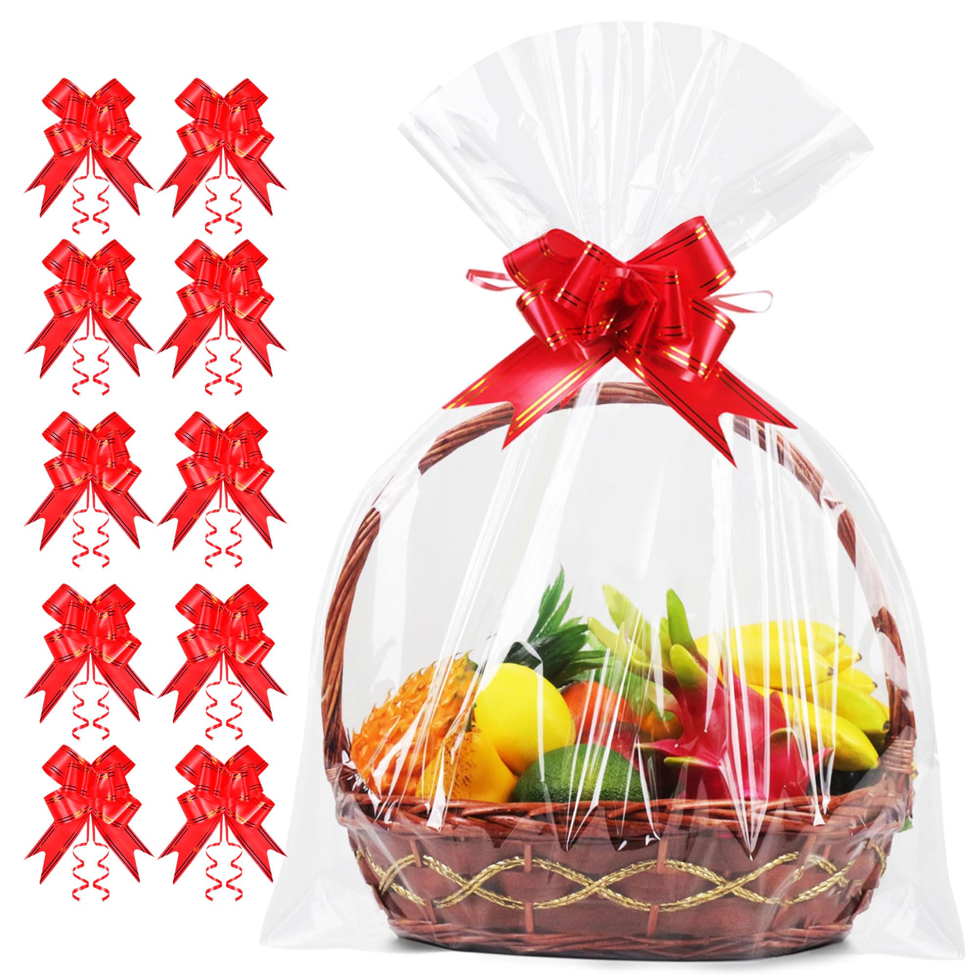 JOYIT 10PCS Extra Large Cellophane Wrap for Gift Baskets, 35x55 Inch Clear Cellophane Bags with 10 Red Bows, 3 Mil Thicker Cellophane Gift Bags for Gift Basket Wrap, Gift Giving