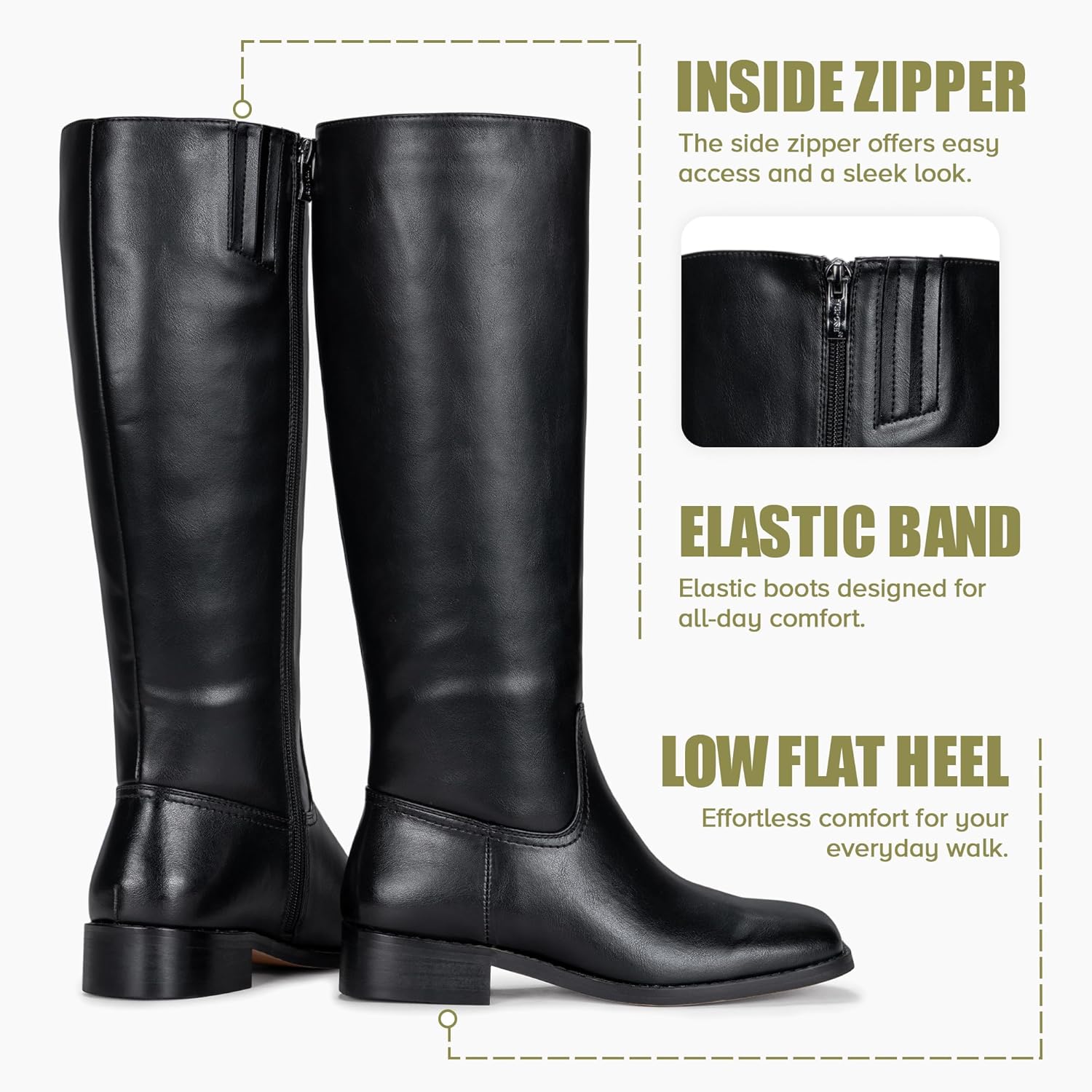 Vepose Women's 9509 Knee High Boots, Low Heel Square Toe Riding Boots, Tall Boots with Side Zipper