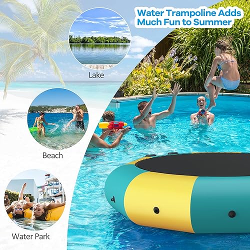 Miniatura 7 de GYMAX Trampolín de agua, trampolín flotante de lago de 10 pies, 12 pies, 15 pies, con bomba eléctrica y escalera de cuerda, inflable para lago,