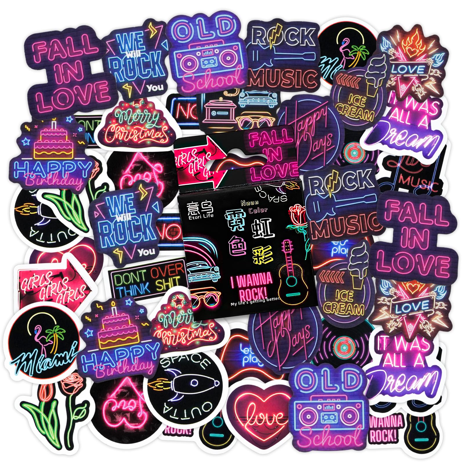 46PCS Neon Stickers Pack, Retro Neon Style Stickers,DIY Decoration Stickers Set for Scrapbook,Water Bottles, Laptops, Party Favors,Travel Case, Journal