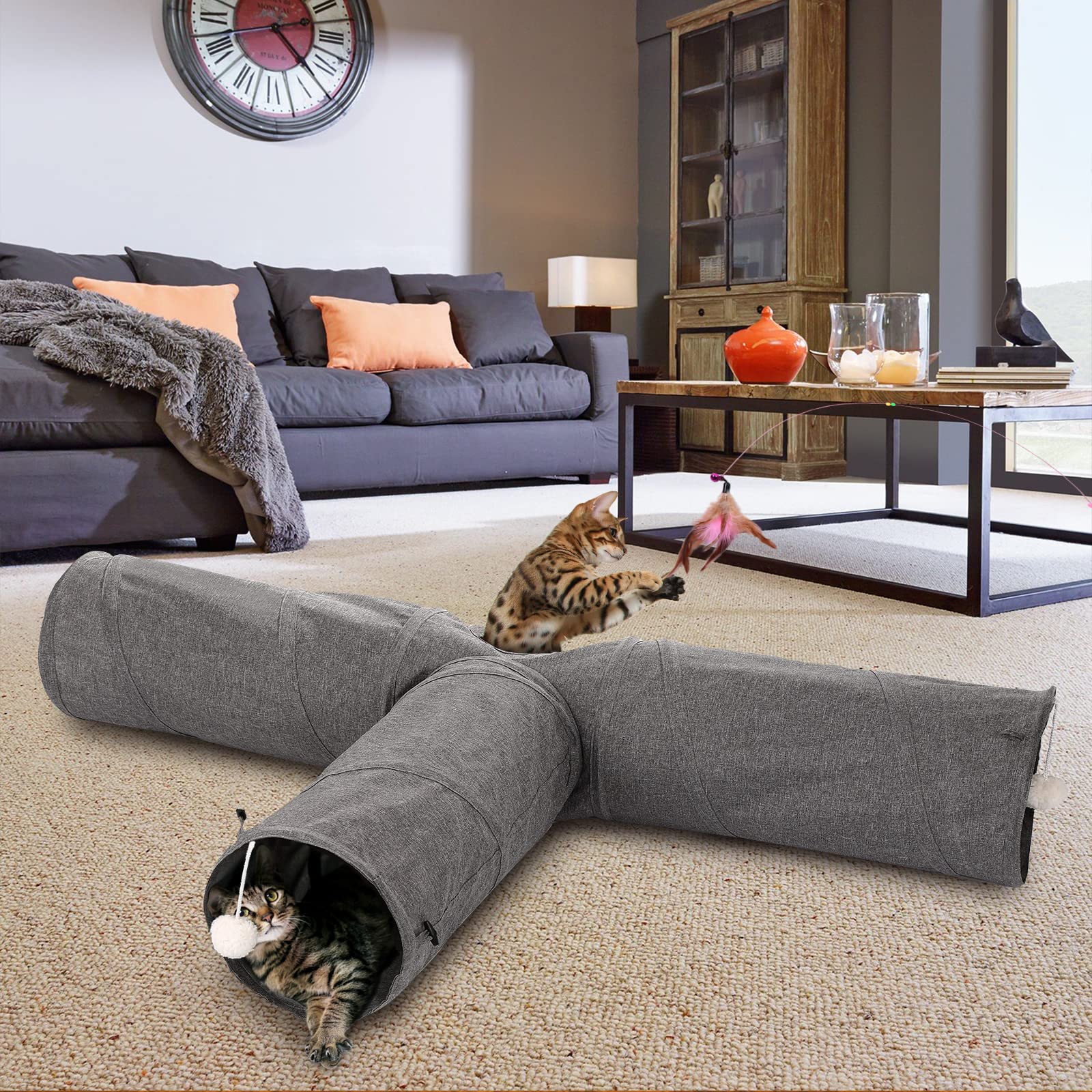 Ownpets Tunnel pieghevole per gattini, a 3 vie, lungo 120 cm, con palla di peluche e piume, grande tunnel da gioco per gatti, cuccioli, conigli