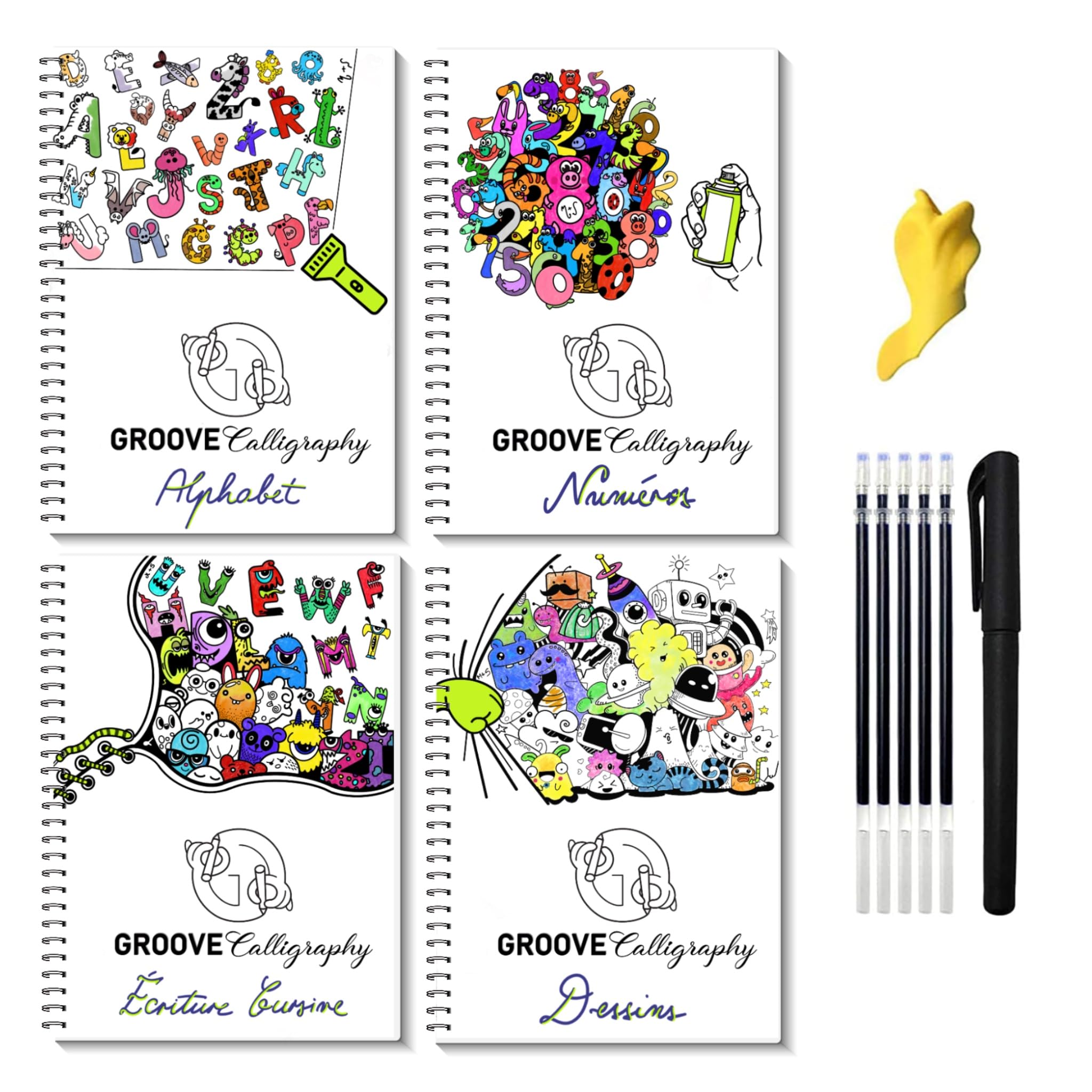 GROOVE Calligraphy Cahiers Réutilisables – Alphabet, Cursive, Numéros, Dessins – 4 Manuels A4 avec Rainures Premium + Stylo Magique + 5 Recharges + Correcteur de Posture des Doigts