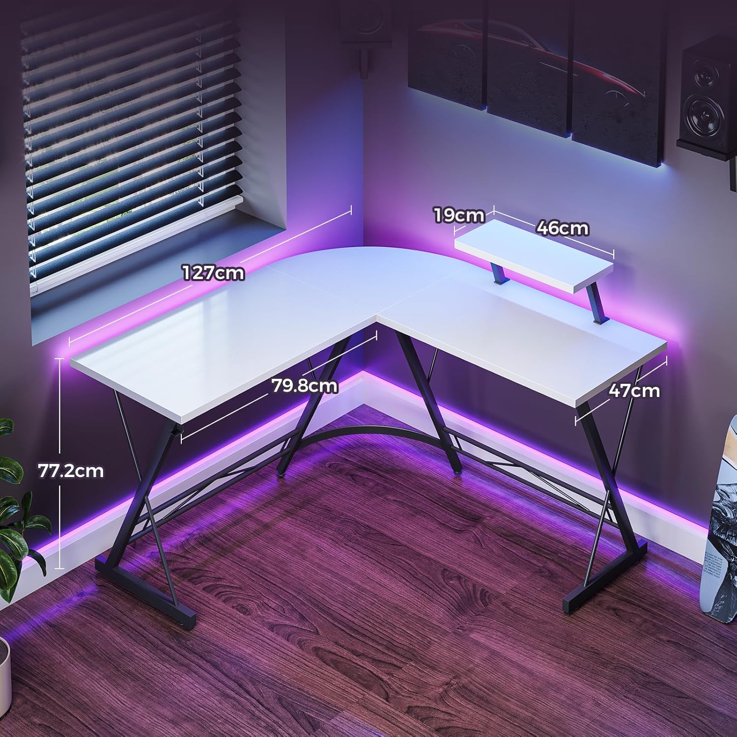 ODK Scrivania Gaming con Supporto per Monitor, Scrivania Gaming con Sacchetto di Archiviazione, Scrivania ad L per Gamer Bianco, 127 x 127 cm 127 x 127 cm Bianco - Immagine 3