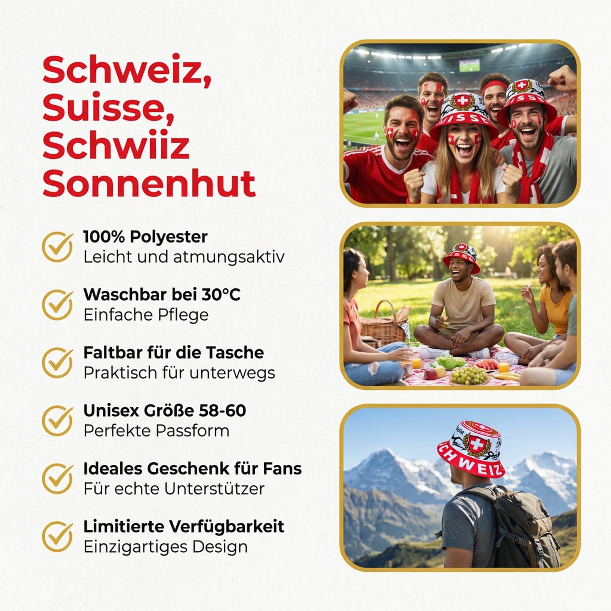Generisch Suiza, Suisse, Schwiiz, sombrero para el sol, sombrero de pescador, sombrero militar, sombrero de cubo, azul, blanco, rojo, 59