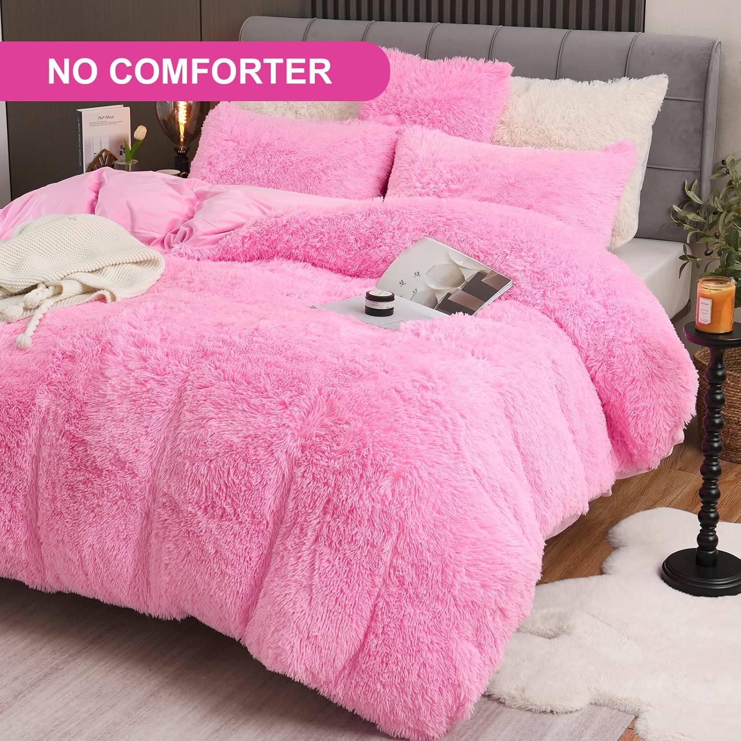 Fluffy Plush Pink Duvet Cover Set Twin Size, Luxury Soft Velvet Fuzzy Comforter Cover Bed Sets 3Pcs(1 Faux Fur Duvet Cover + 1 Pillow Cases + 1 Pillow Cover) Zipper Closure (Twin, Light Pink) - Image 2