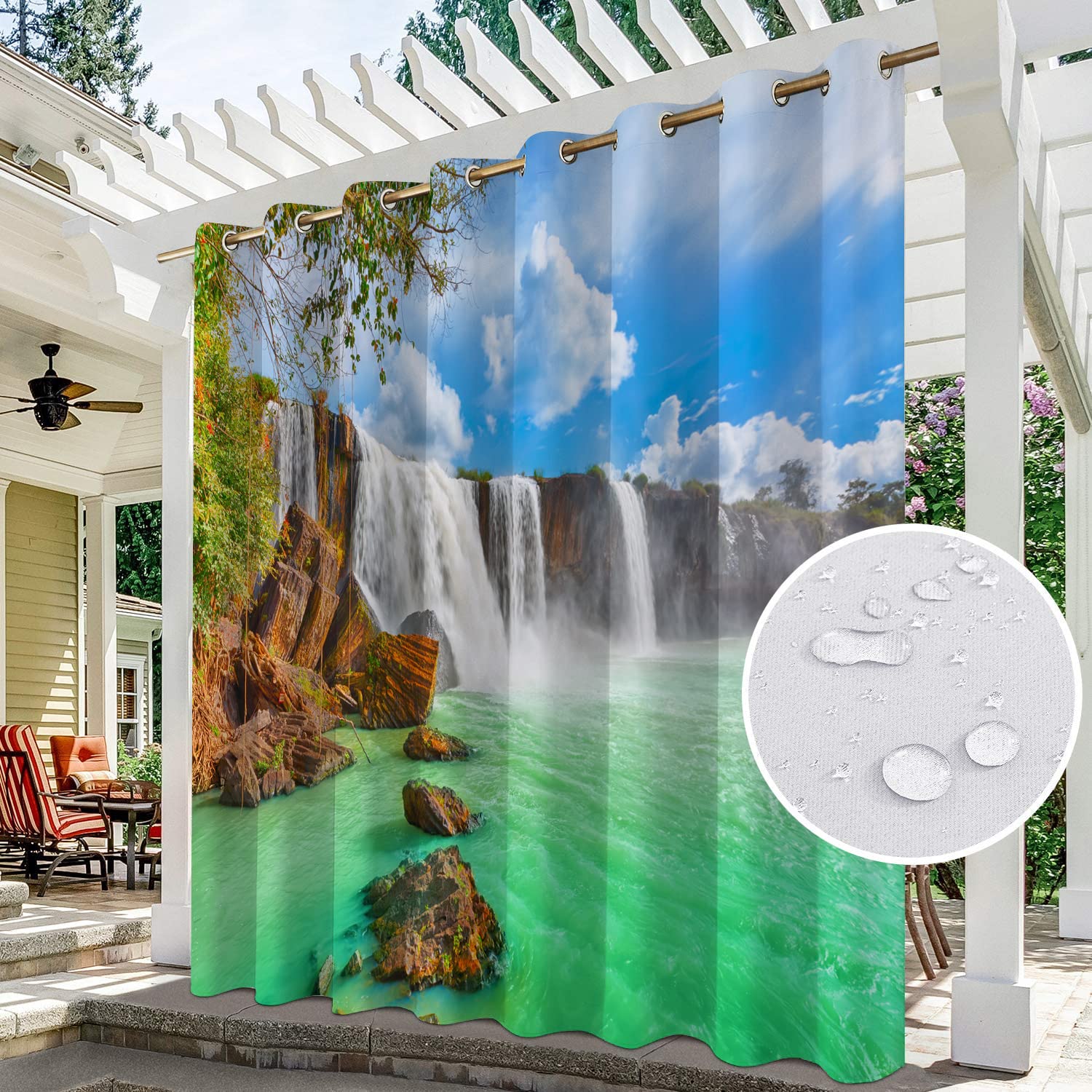 Rideaux de jardin imperméables pour terrasse, porche, pergola cabane, tonnelle, auvent à œillets - Un panneau (350 x 234 cm)