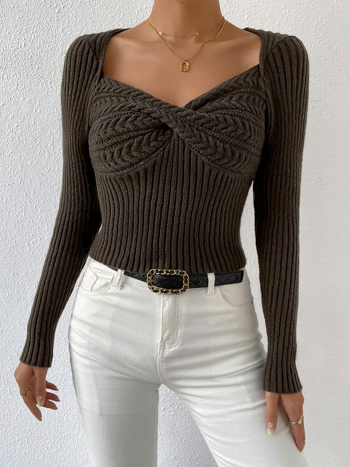 BEDAW Women's Sweater Cable Knit Twist Sweetheart Neck Sweater Sweater for Women (Color : Chocolate Brown, Size : Large)