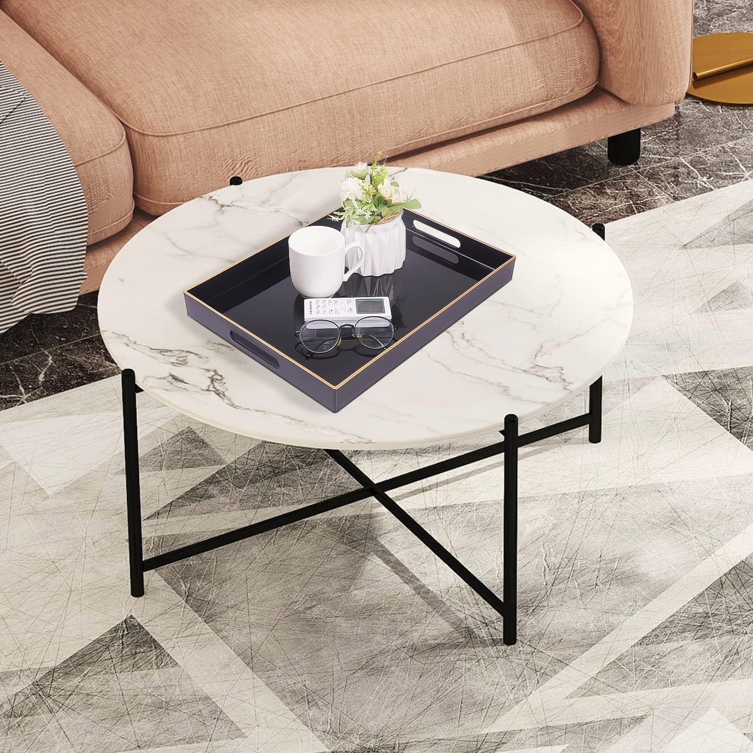 MAONAME Bandeja de servir negra con asas, bandeja decorativa rectangular, moderna bandeja de mesa de café, bandeja otomana de plástico para baño, decoración, 15.7 x 11.8 x 1.57 pulgadas