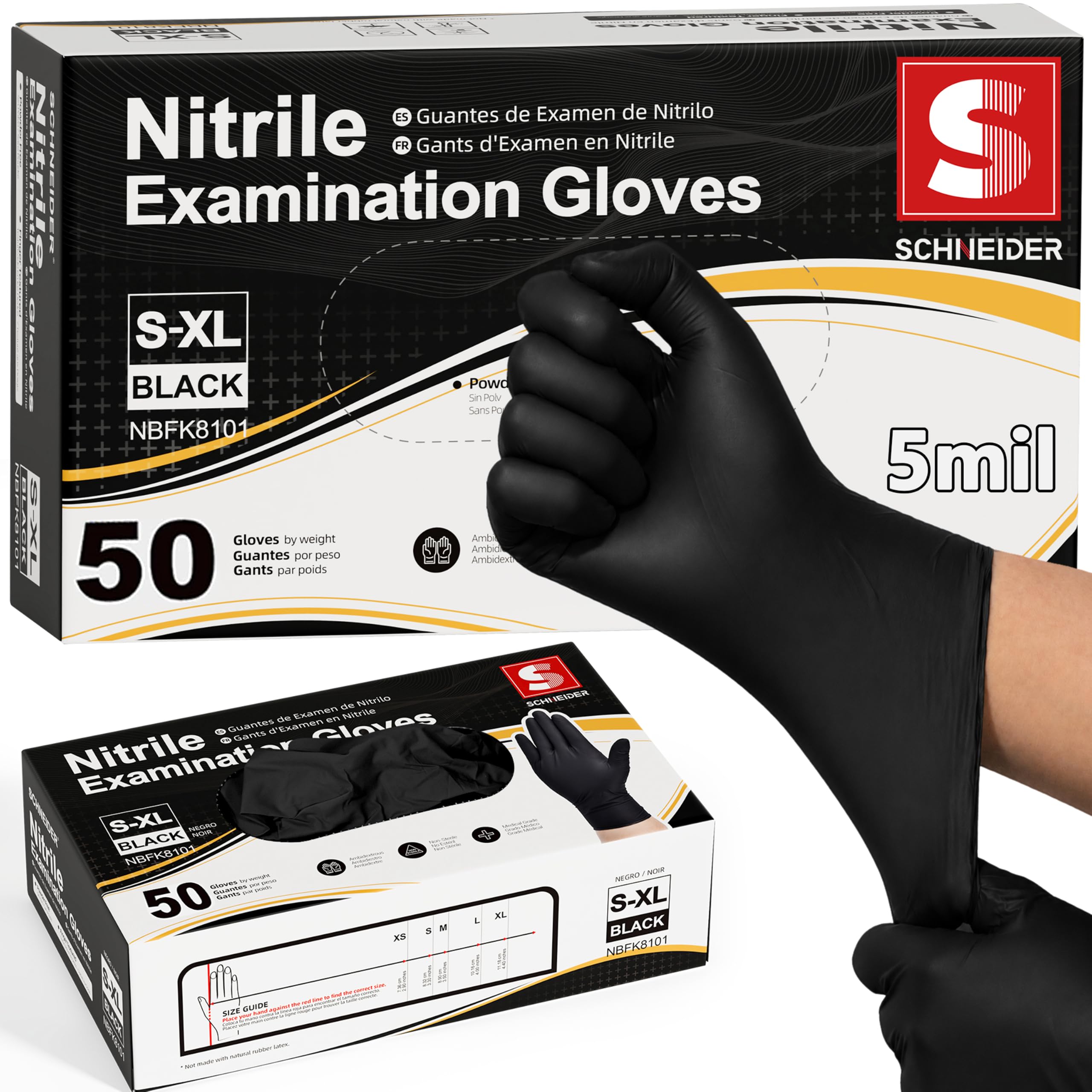 Schneider Black Nitrile Gloves, Gloves Disposable Latex Free, Powder Free