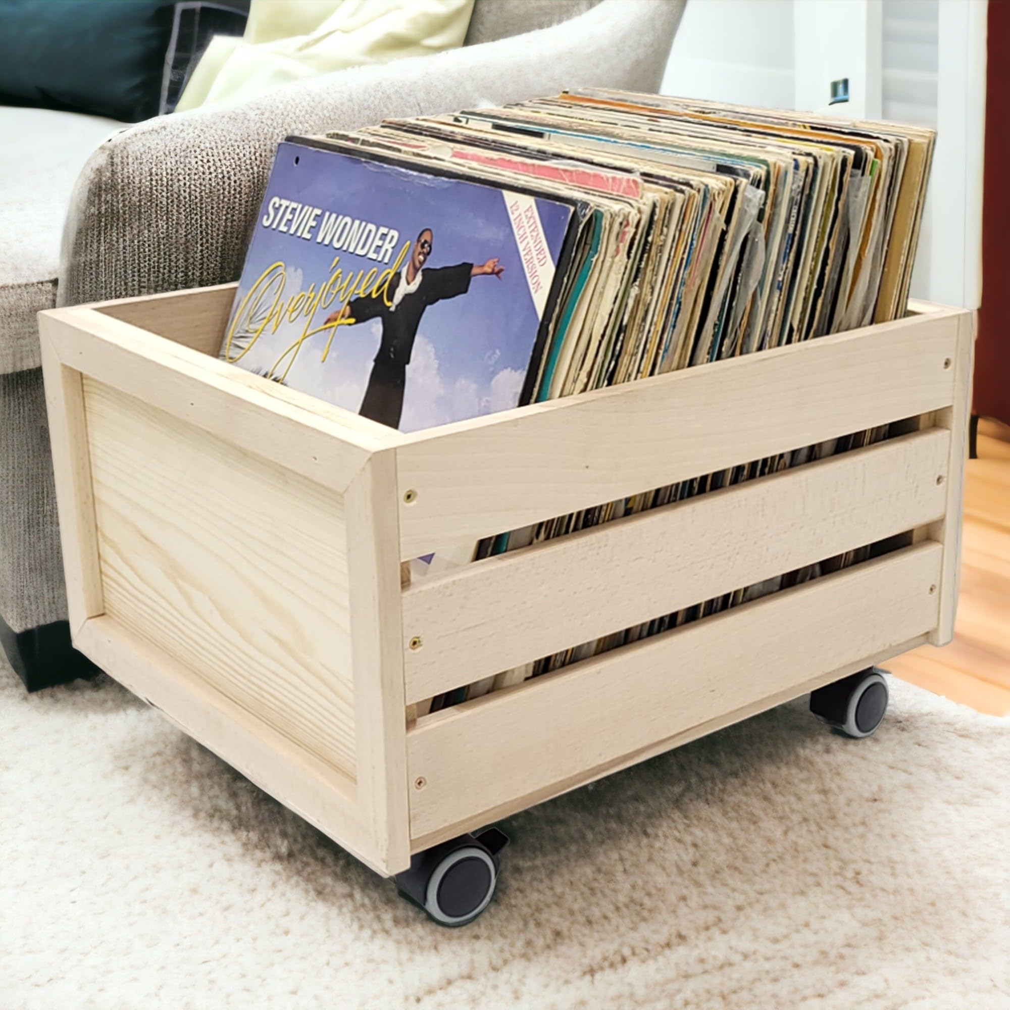 weeco Caisse en bois avec roues pour disques vinyle. Caisse en bois ajourée sur roues pivotantes pour livres, documents, bouteilles. Boîte de rangement en bois de hêtre - Construction solide