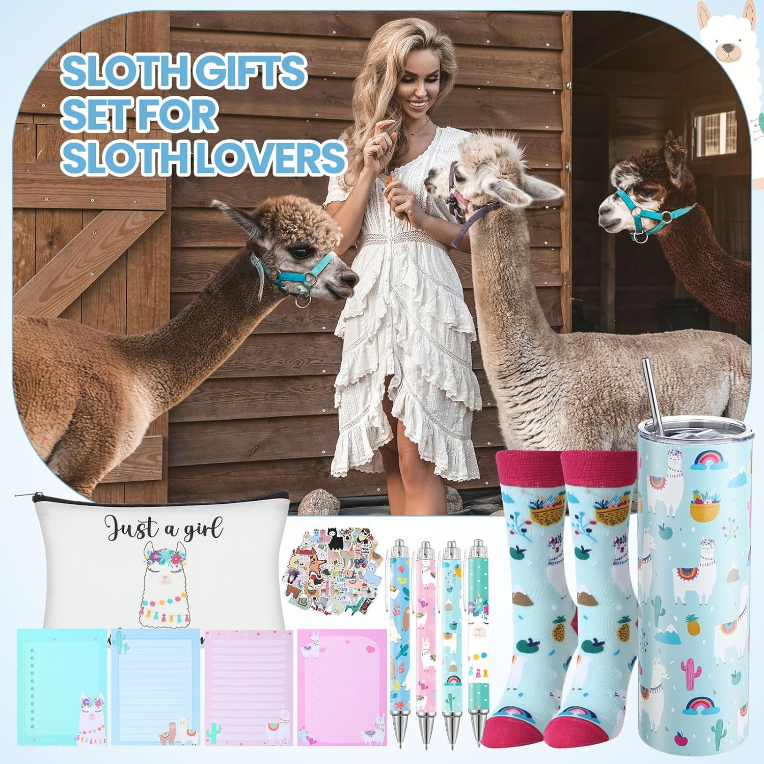 Vesici 13 Pcs Llama Gifts for Girls Llama Lovers Stuff for Girls 20 oz Tumbler with Lid and Straw Cute Makeup Bag Socks Sticky Notes Ballpoint Pens Stickers Keychain Set for Birthday Christmas Gifts - Image 6