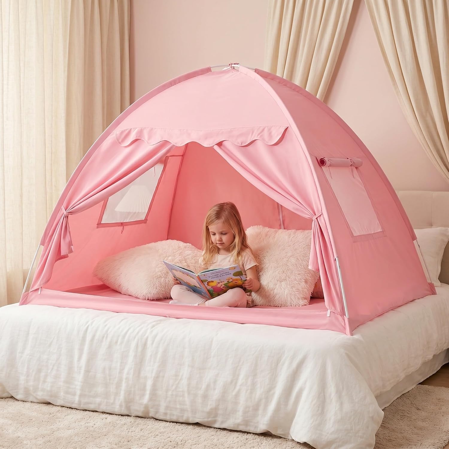 UKCOCO Indoor Toddler Bed Canopy Tent, Single Size Playhouse Creates Private Rest Space, Indoor Tent for Sleeping, Playing Pink 76''x 47''