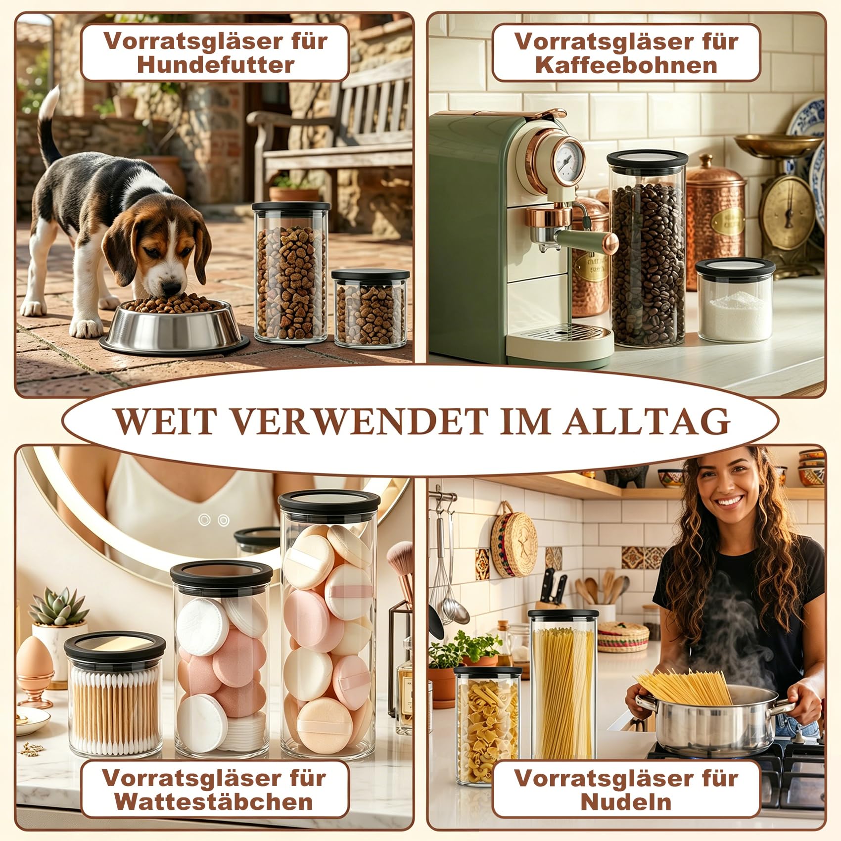 Set di 6 barattoli con coperchio, ermetici, 600 ml, con coperchio in vetro trasparente, con etichette e penna, impilabili, rotondi, per caffè, noci, zucchero, snack e cassetti da cucina