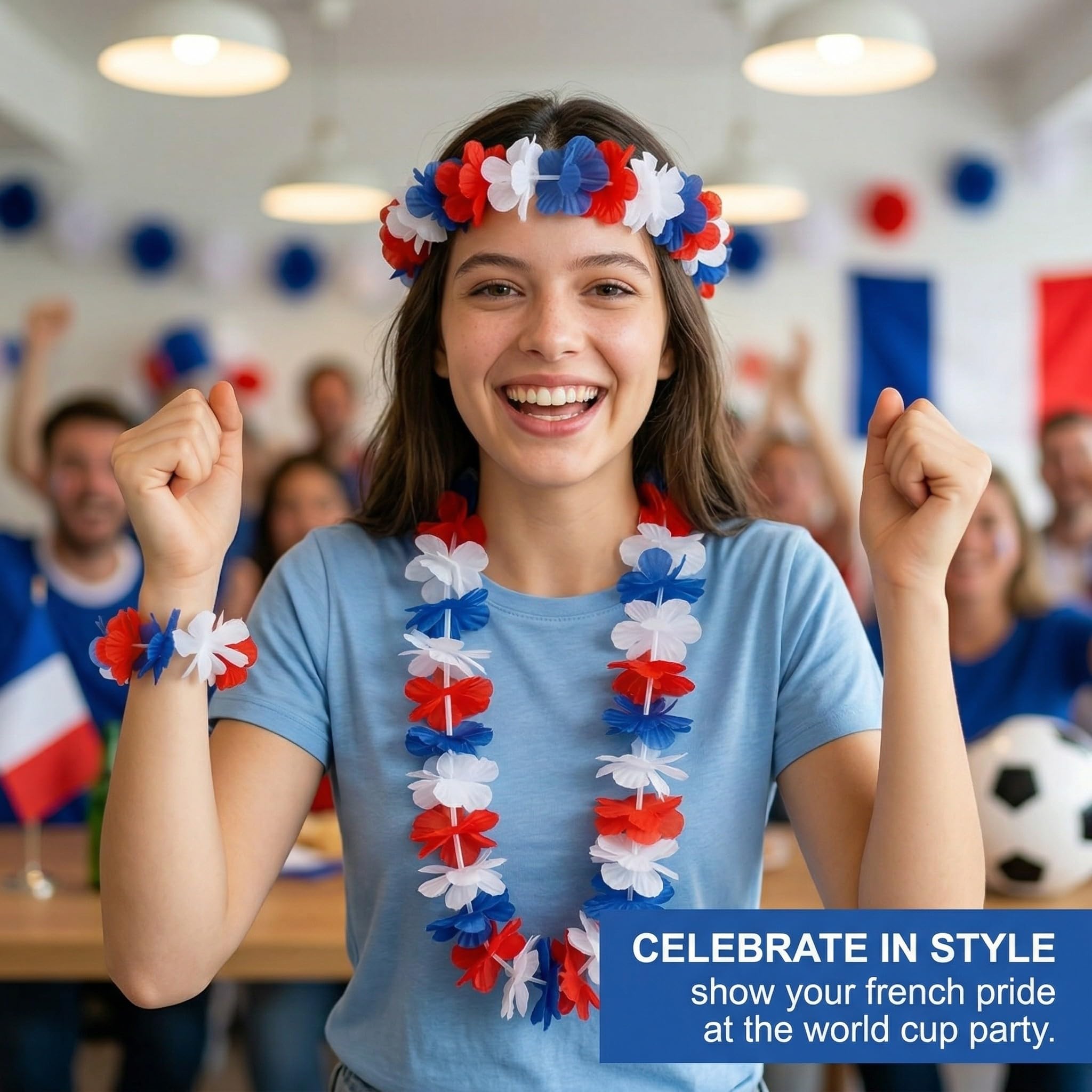 2 ensembles guirlandes hawaïennes France - Comprend bandeau, collier et bracelet, pour décorations de la Coupe du Monde 2026 et articles de football (Bleu Blanc Rouge)