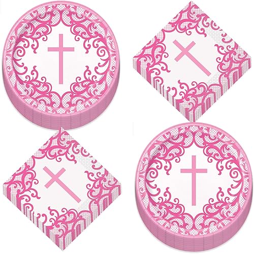 Fancy Pink - Paquete de cena con cruz religiosa, platos de papel, servilletas de almuerzo, tazas y cubierta de mesa (sirve para 16)