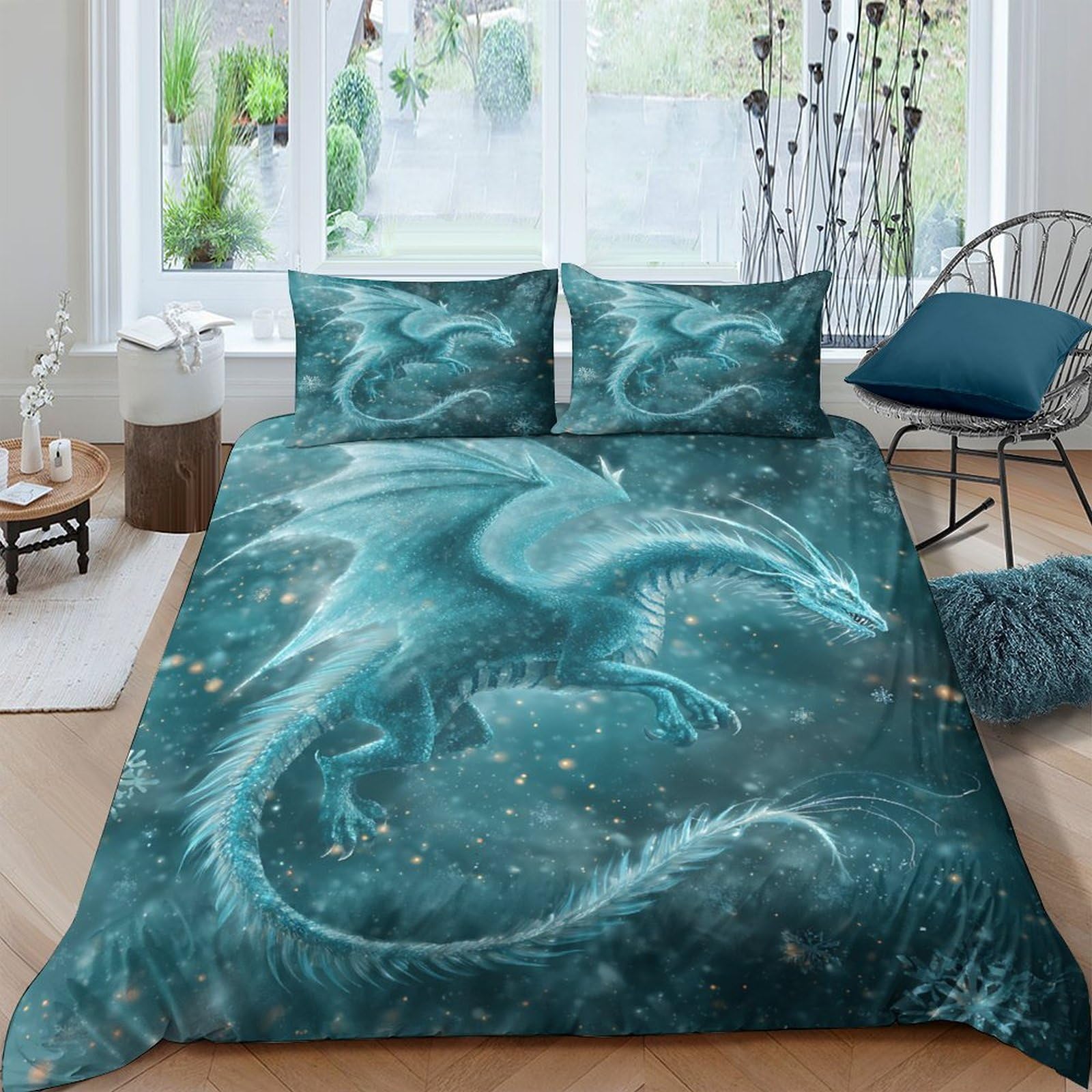 GPLZQXKJNH 3D Printed Blue Dragon Duvet Cover Microfiber Soft Breathable Fantasy Creature Bedding Set with 2 Pillowcases for Bedroom Decor Single（135x200cm）