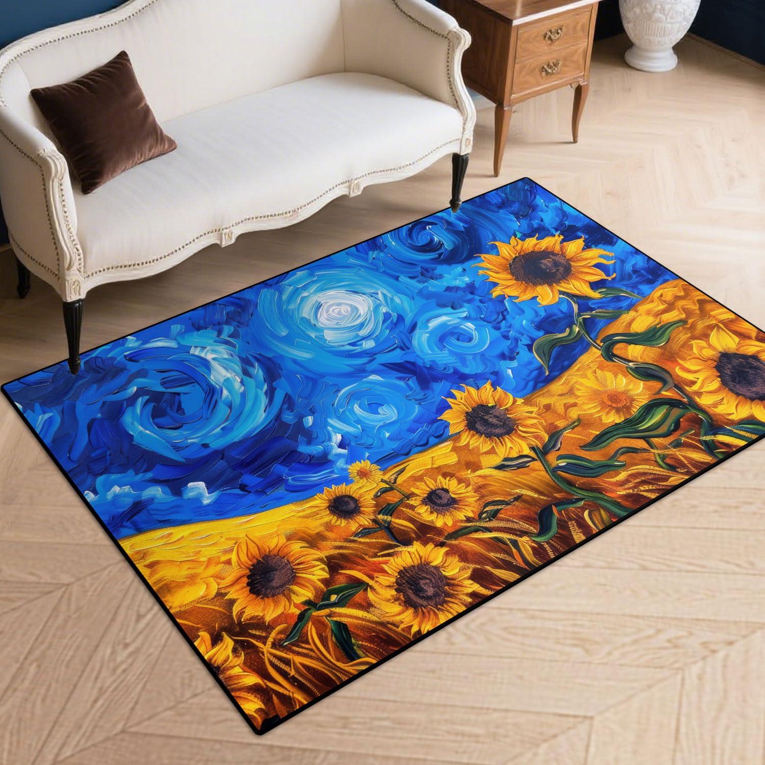 Photo 1 of Area Rugs Washable Non-Slip, Blue Sky Sunflower Print Pattern Medallion Carpet for Living Room Bedroom Dining Room, Beige Navy Blue Orange Colorful (Sunflower, 3' x 5')