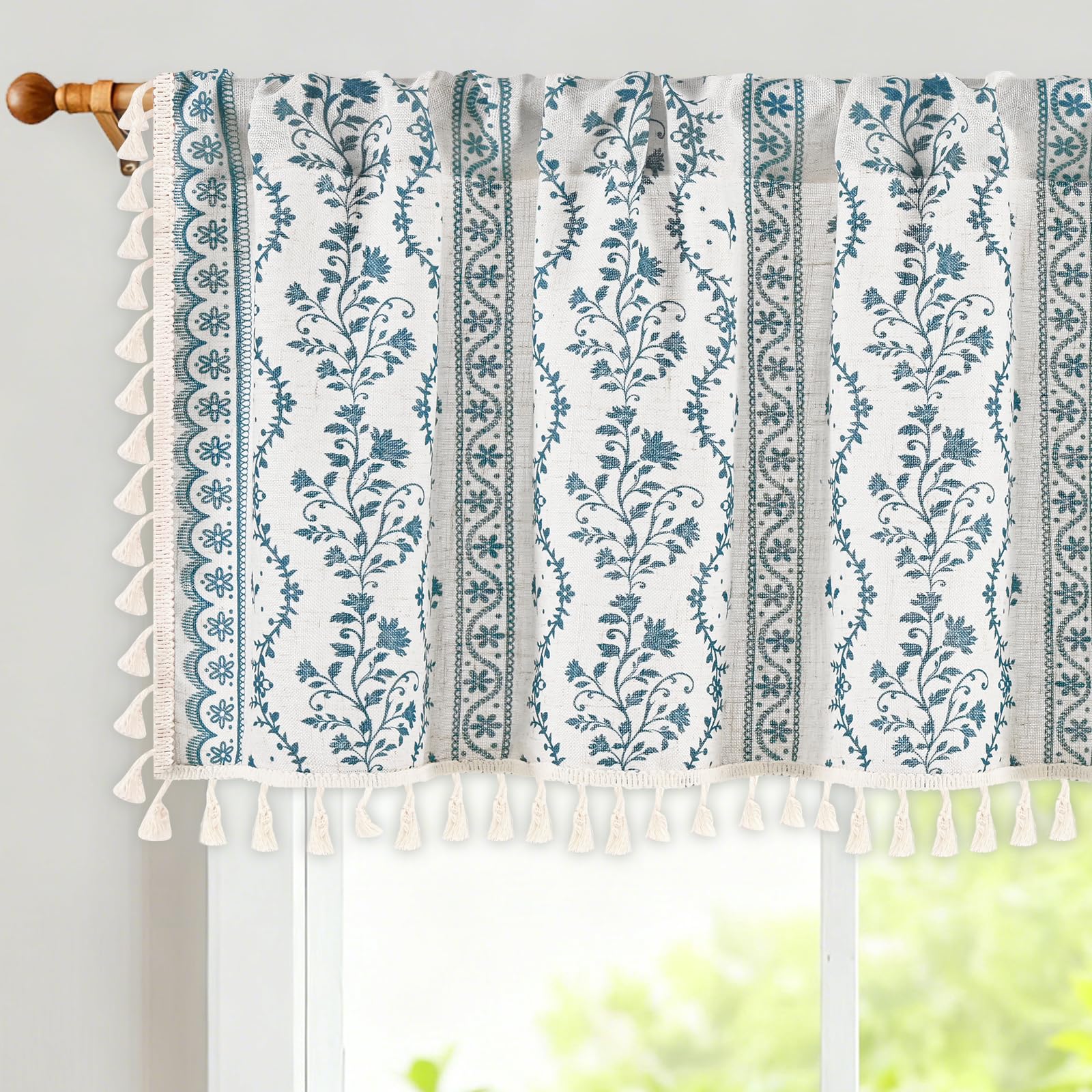 Yinhua Boho Valance Curtains Vintage Linen Kitchen Valances for Windows Light Filtering Bohemian Floral Valance Rod Pocket Tassel Window Valances for Bathroom Cafe, 52" W X 18" L, White Blue