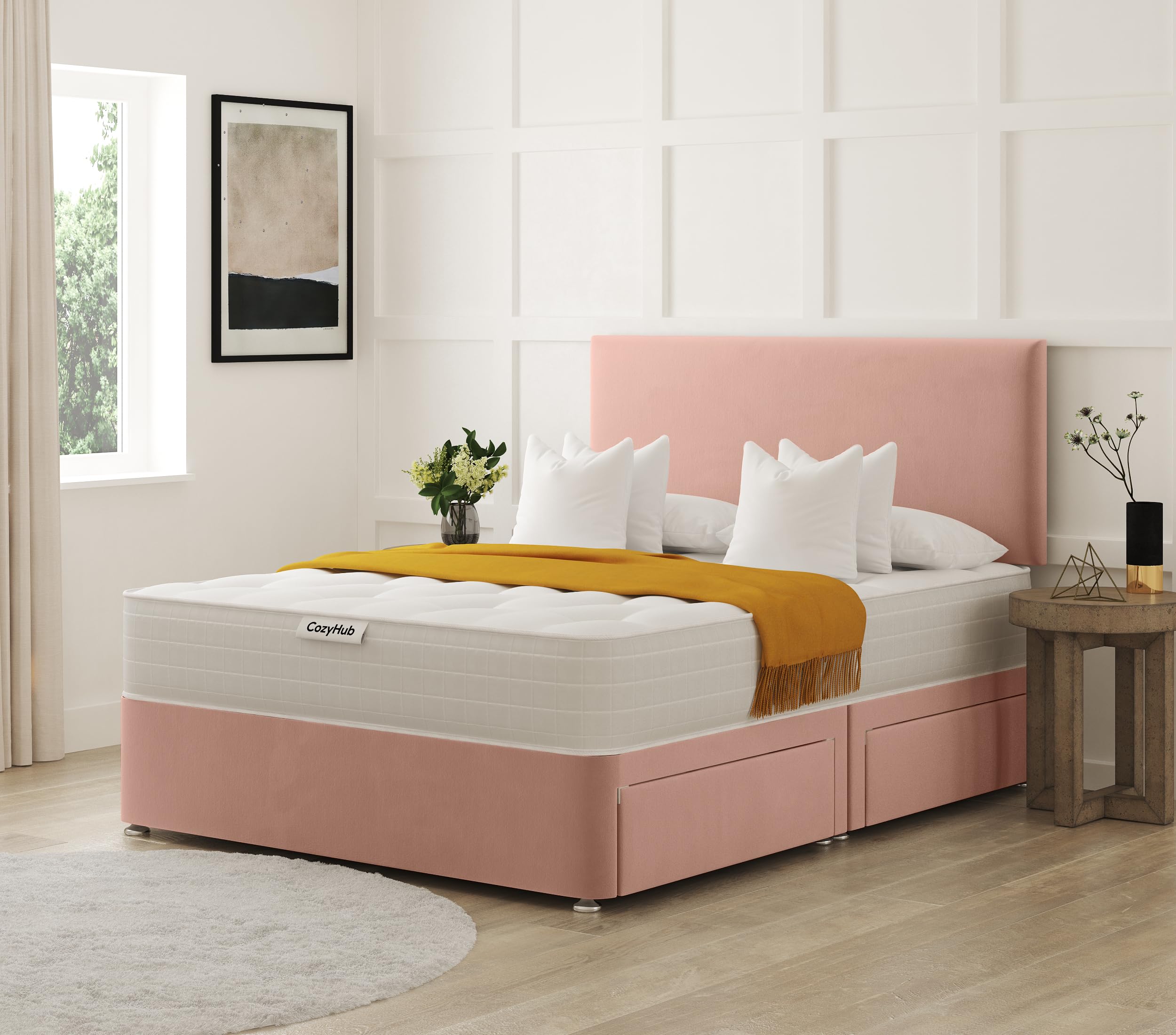 COZY HUB LTD Plain Plush Velvet Divan Bed with 10 Inch Ortho Tufted Mattress & Headboard – Luxury Divan Set with Drawer Storage Options. (Pink, 4Ft- No Drawers)