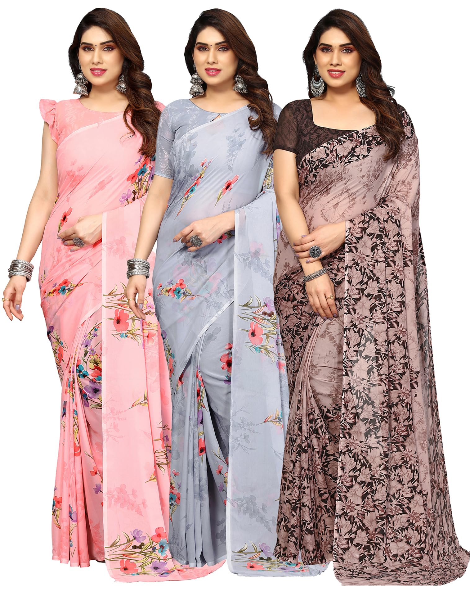 siril Women's Printed Georgette Saree with Unstitched Blouse Combo Pack of 3-picture-6