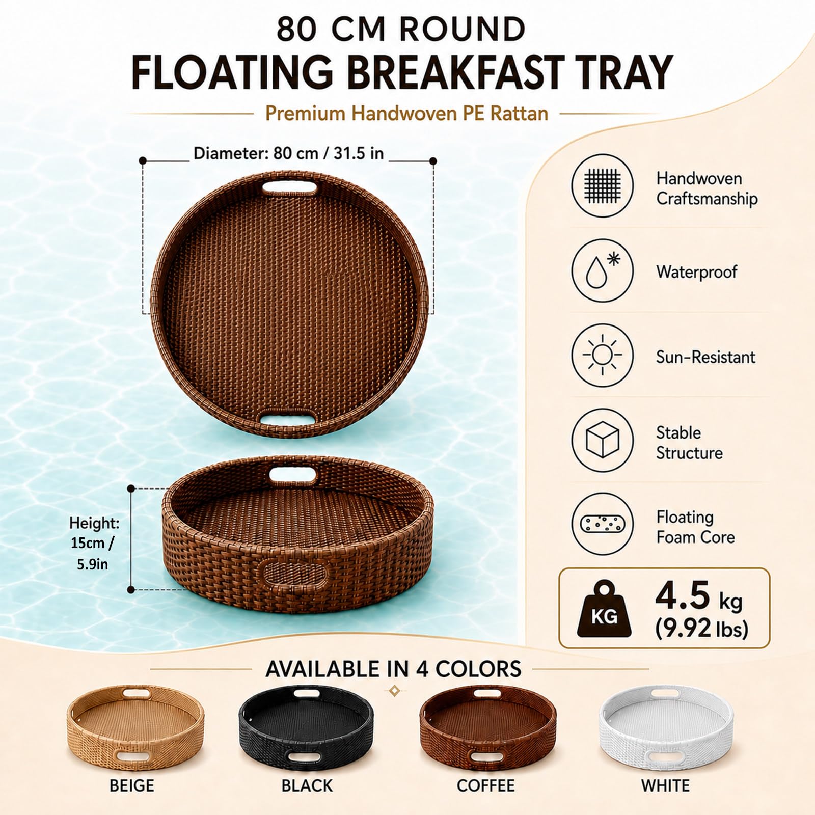 Vassoio Galleggiante, Vassoio da Portata Galleggiante in Rattan di Lusso, Ideale per Pasti Completi E Calici di Vino; Perfetto per Spuntini in Famiglia A Bordo Piscina CoffeeRound-80CM