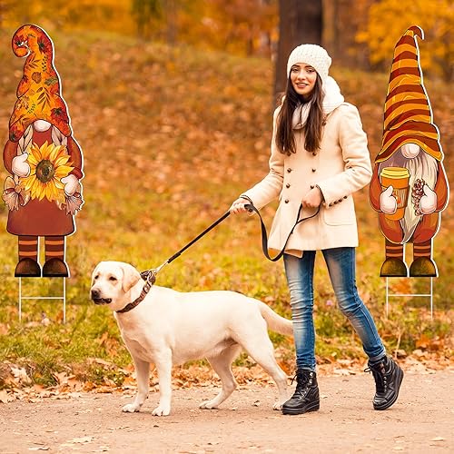 Miniatura 5 de Umigy 3 piezas de decoración de patio de Acción de Gracias lindo gnomo de otoño con estacas de 32 x 10 pulgadas, gnomo de otoño para decoración de