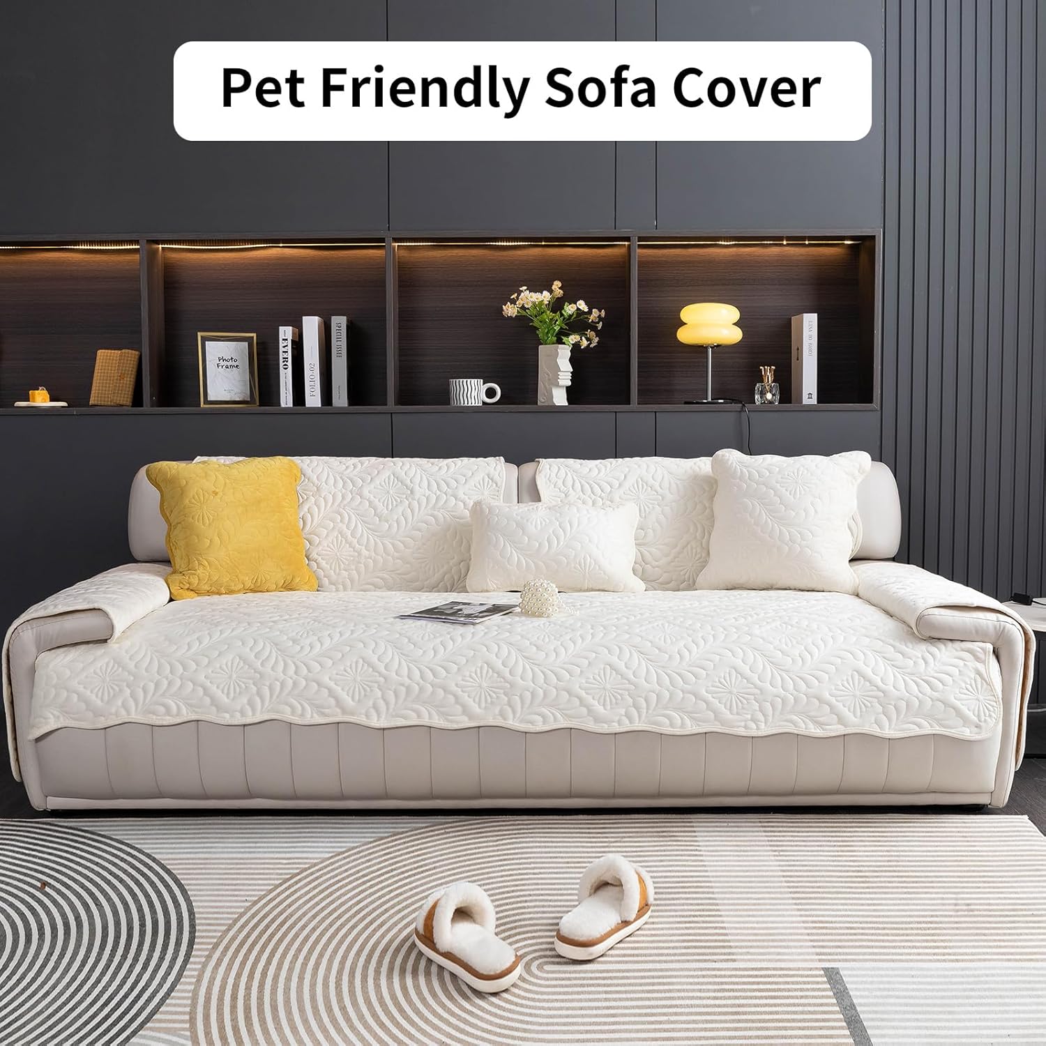 Boho Sofa Couch Cover, Sectional Couch Covers Washable for Pet Dogs, Quilted Sofa Slipcovers for Couches, Non Slip Furniture Protector for L Shaped(Beige White, 36"x 63")