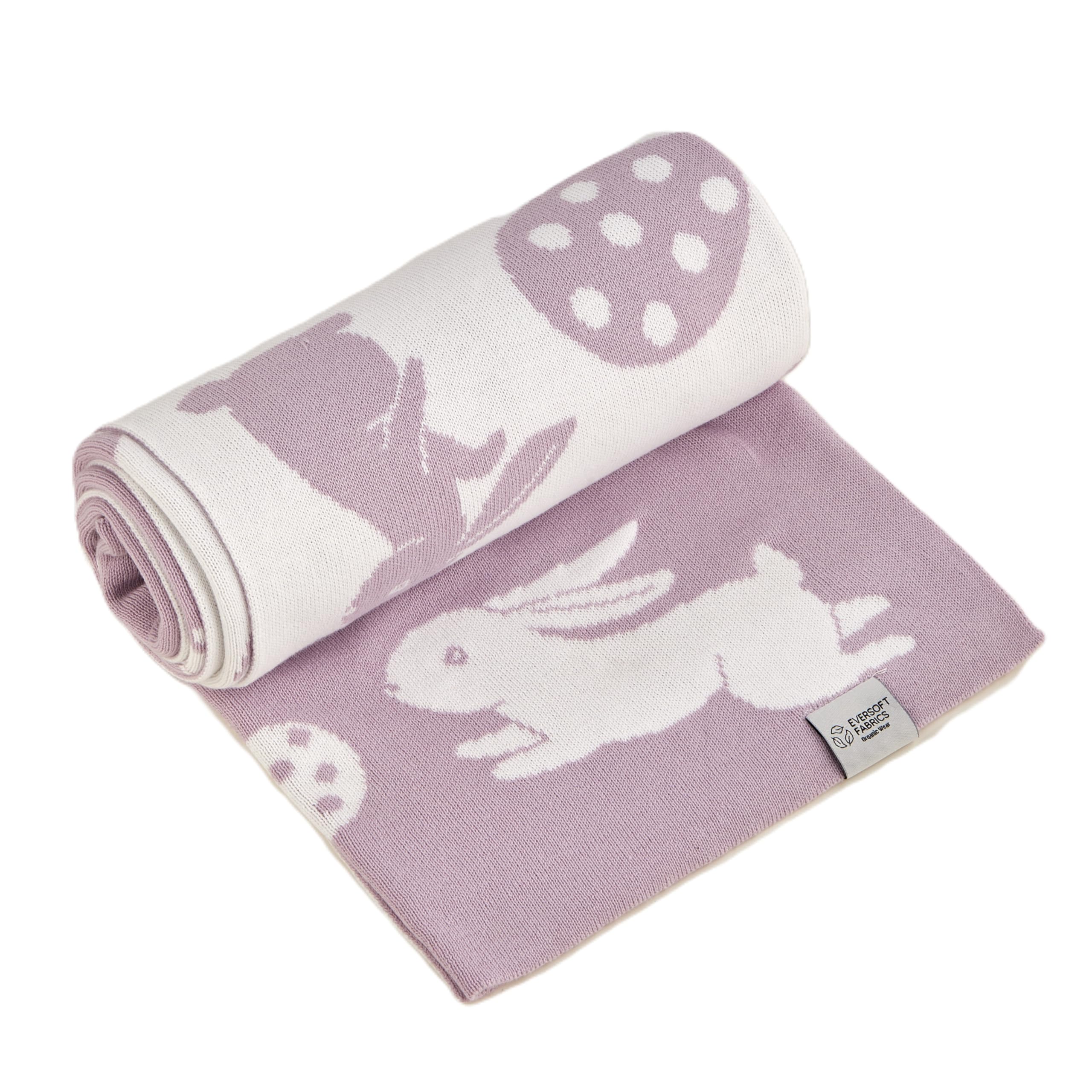 EVERSOFT FABRICS Premium Babydecke, 350 g, 100 % Bio-Baumwolle, Öko-Tex 100 zertifiziert, leicht & weich, ideal für empfindliche Haut, perfekt für Neugeborene & Kleinkinder (Osterhase Flieder & Weiß)