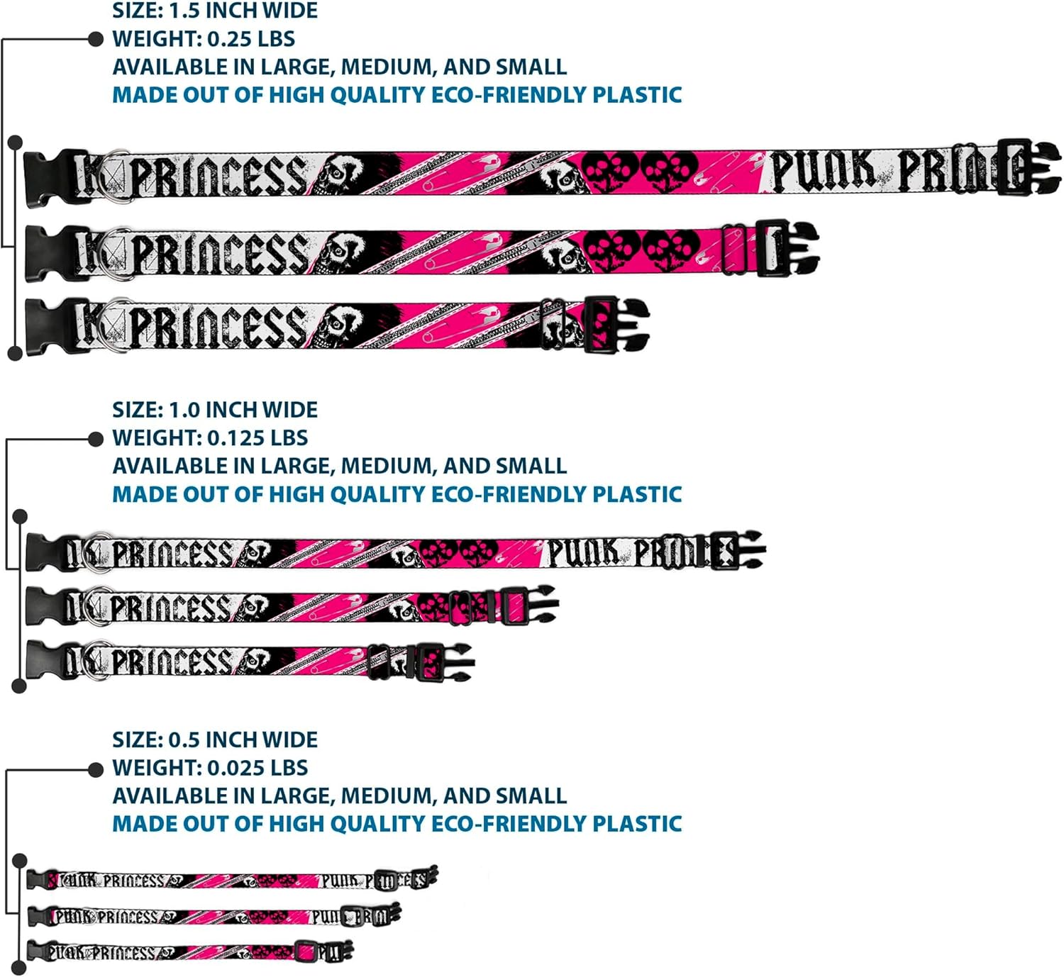 Buckle-Down 16-23" Punk Princess with Zippers & Skulls Plastic Clip Collar, Wide Medium