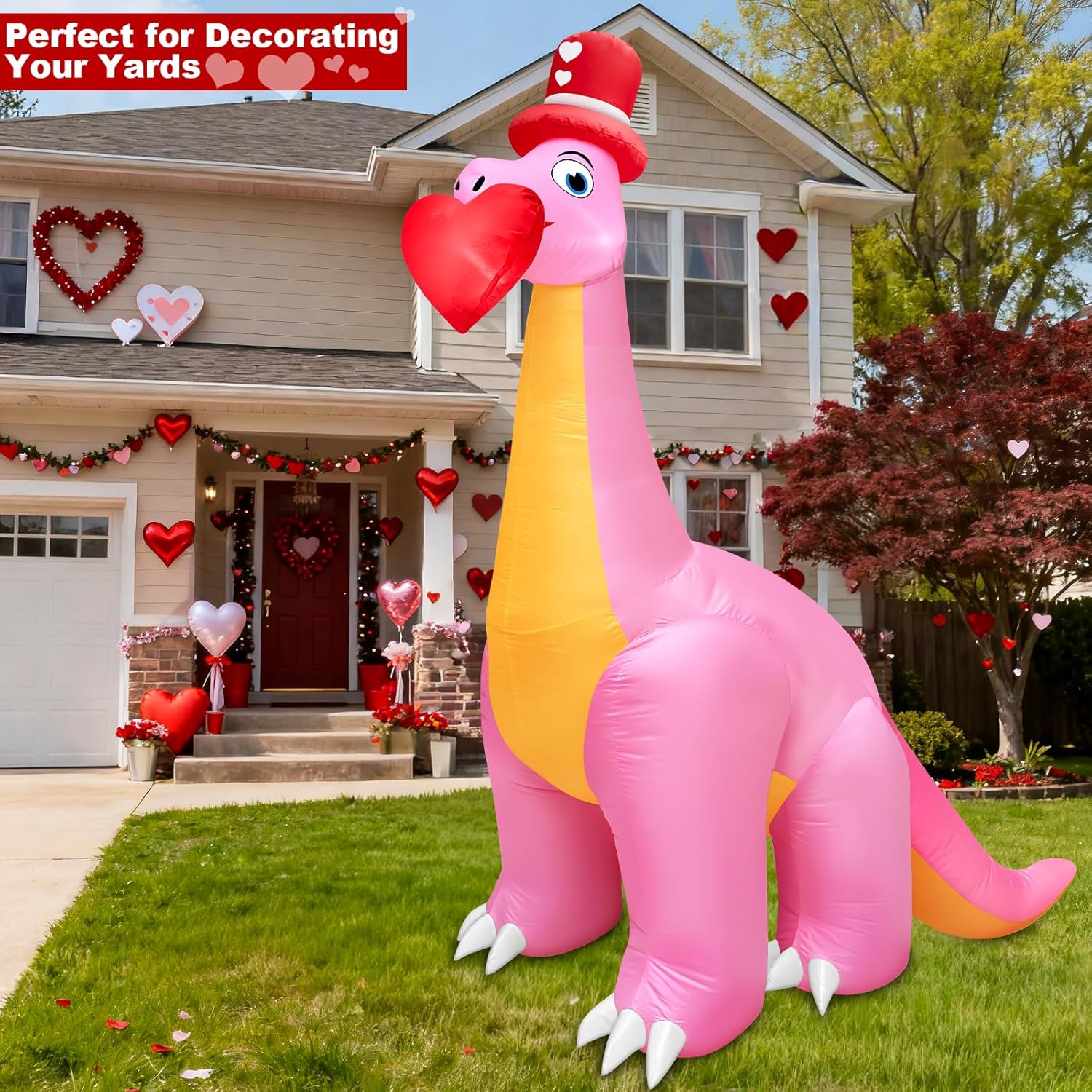 8FT Valentines Day Inflatables Outdoor Decorations Pink Dinosaur with Heart Valentines Blow Up Yard Decoration Built-in LEDs Valentines Day Decorations Outdoor Indoor Garden Lawn Wedding Holiday Party