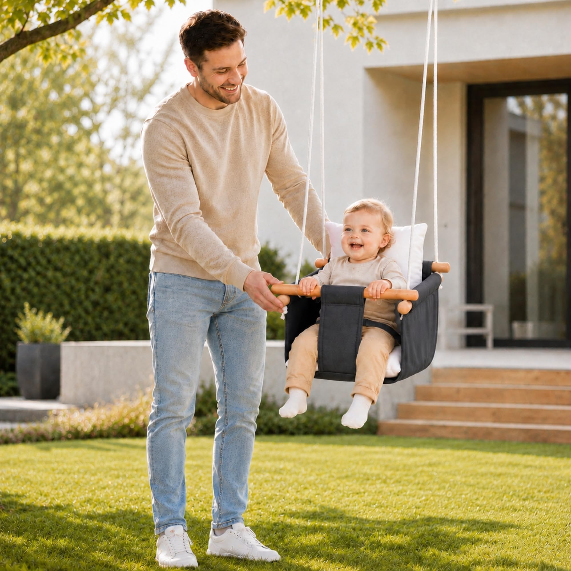 Balançoire bébé intérieur Coton Bois hêtre Blanc 30 kg | Avec ceinture de sécurité, hauteur réglable et ancrage plafond, Fabriquée en UE