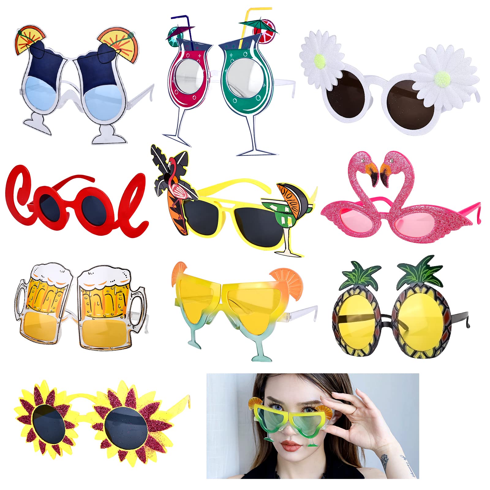 Vegena 10 Pares Gafas Divertidas, Tropical Gafas de Sol para Fiestas de Verano, Novedad para Niños, Adolescentes y Adultos